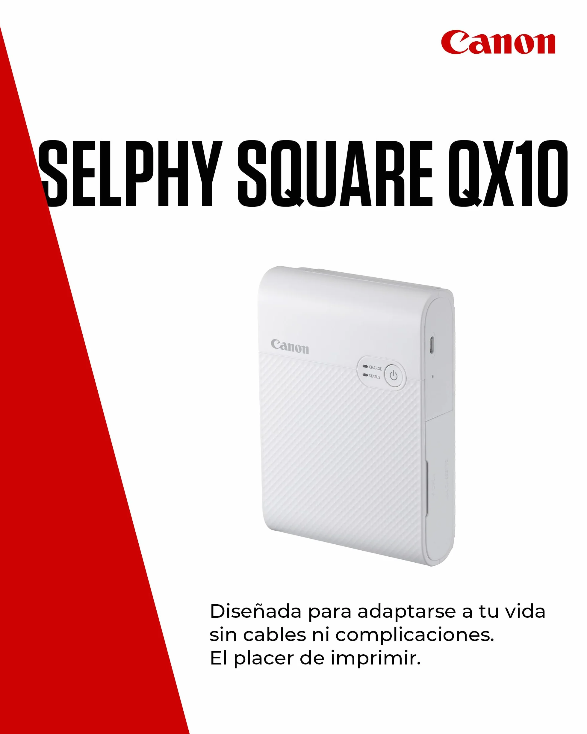 Canon SELPHY QX10, Impresora Fotográfica Instantánea y Portatil por sublimación de tinta, Conexión inalámbrica (Wi-Fi) a Smartphone y Tablet, Papel Cuadrado XS-20L (68 X 68 mm), Blanca