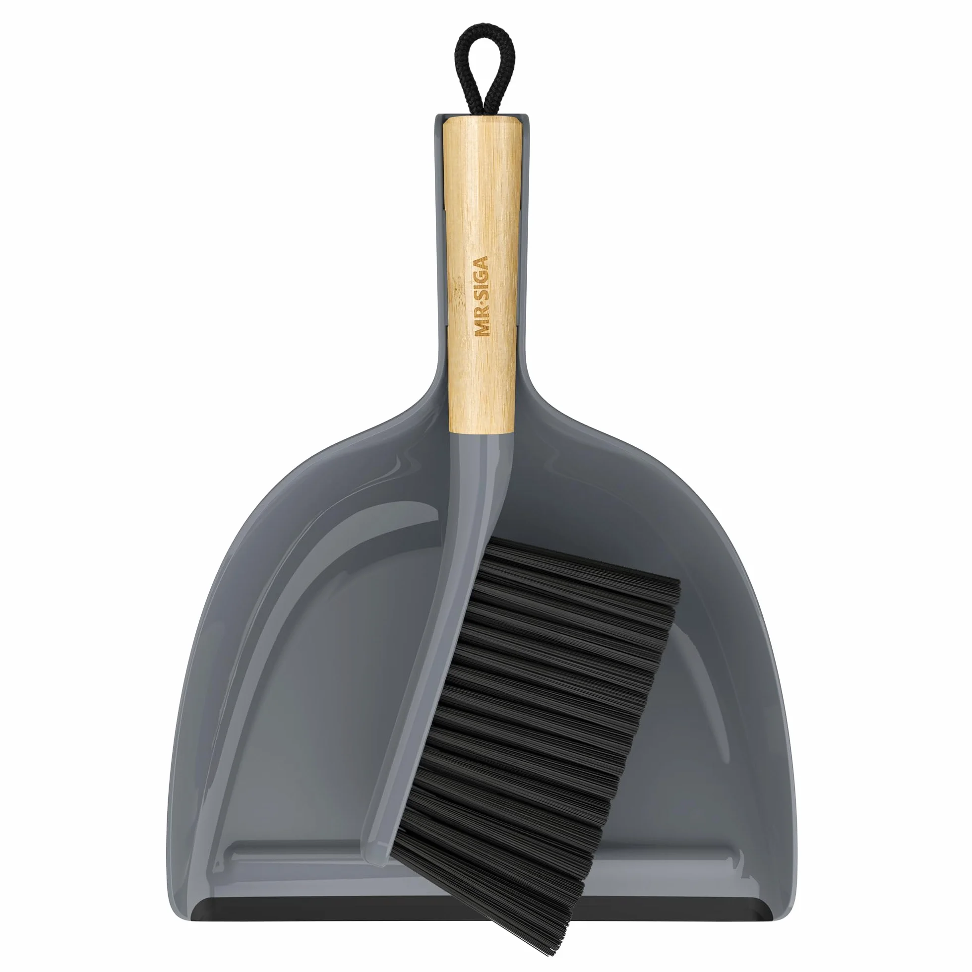 MR.SIGA Juego de Recogedor y Cepillo, Combo de Cepillo y Recogedor Portátil con Mango de Bambú, Gris, 1 Juego