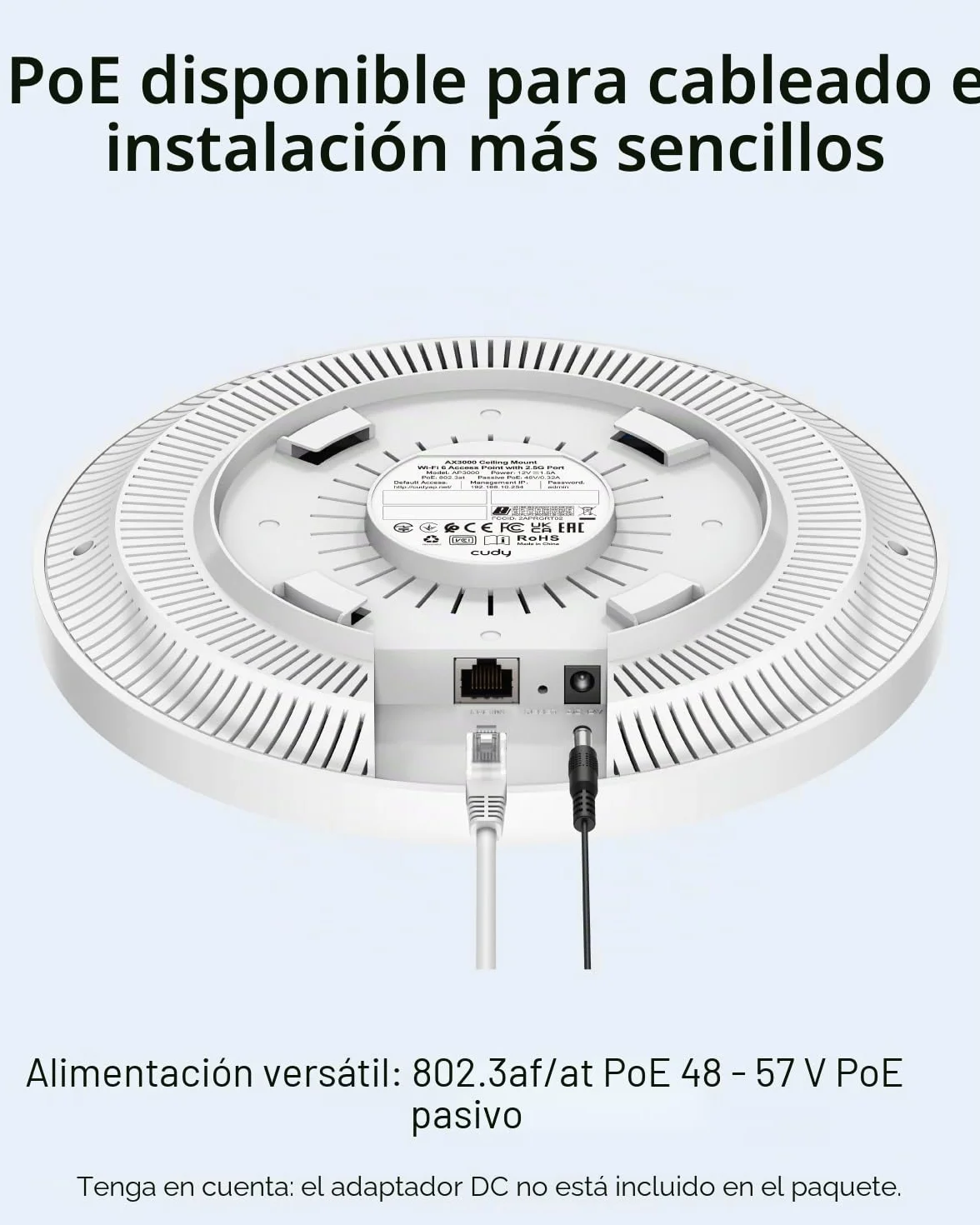 Cudy AX3000 2.5G WiFi 6 Punto de Acceso inalámbrico, 2.5Gbps RJ45, solución WiFi Comercial con Malla, MU-MIMO, Alimentado por PoE o CC, Cudy Mesh y App Soporten, AP3000