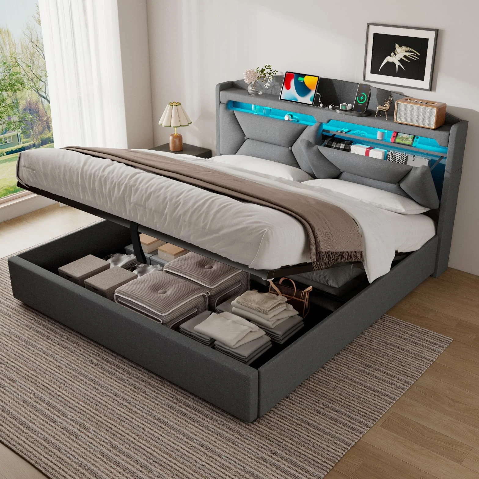 Cama Matrimonio 160x200 con Almacenamiento, Camas Matrimoniales con LED, Puertos USB y Type-C, Canape 160x200 Hidráulico, Cama Matrimonio con Cabecero, Lino, Gris, Colchón No Incluido