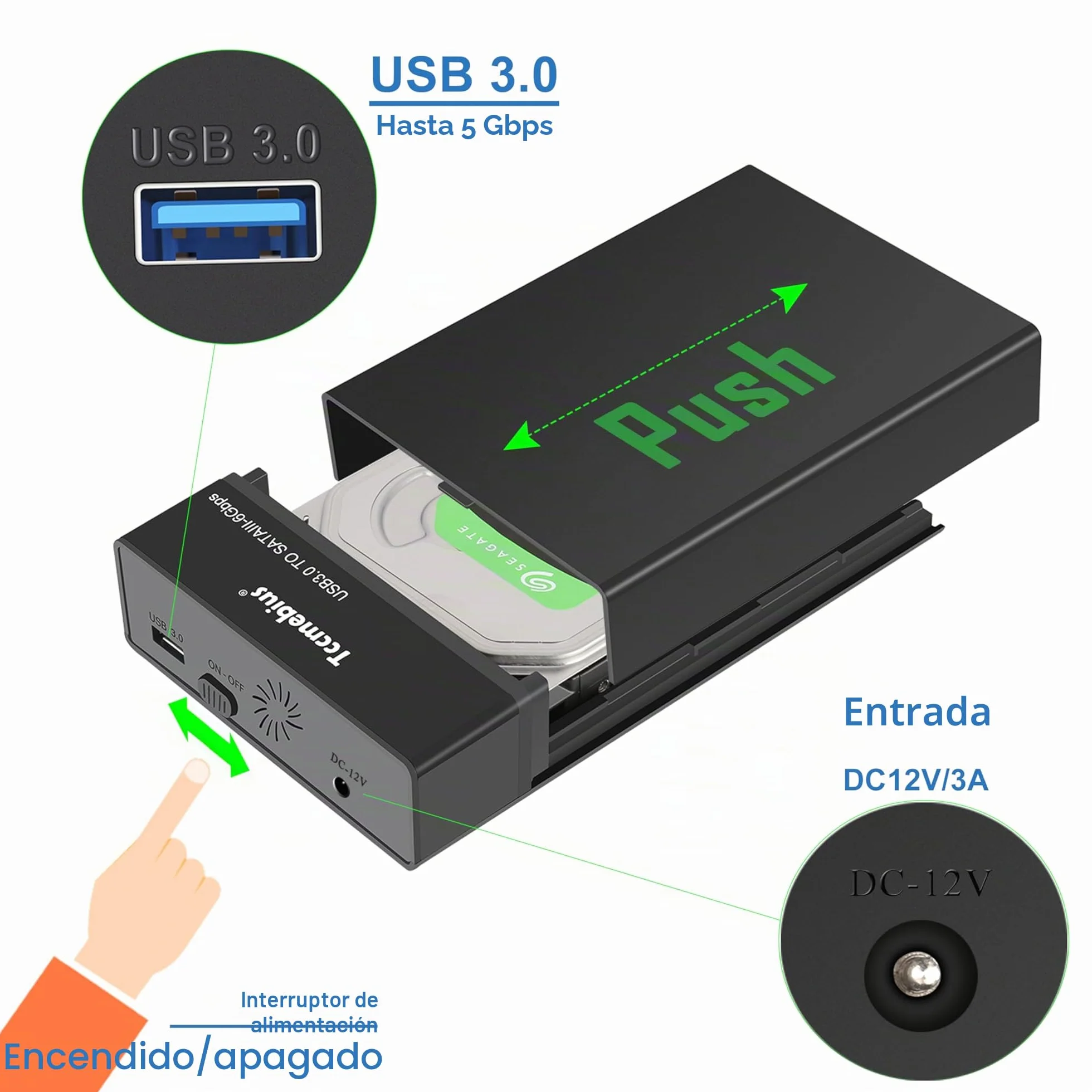 Carcasa Disco Duro, USB 3.0 Caja 3.5 Externo para 2,5 3,5 Pulgadas SATA HDD SSD hasta 22TB, con Adaptador de Corriente 12V3A Cable USB A/C, Soporte UASP Función de sueño automática (TCC-S8)