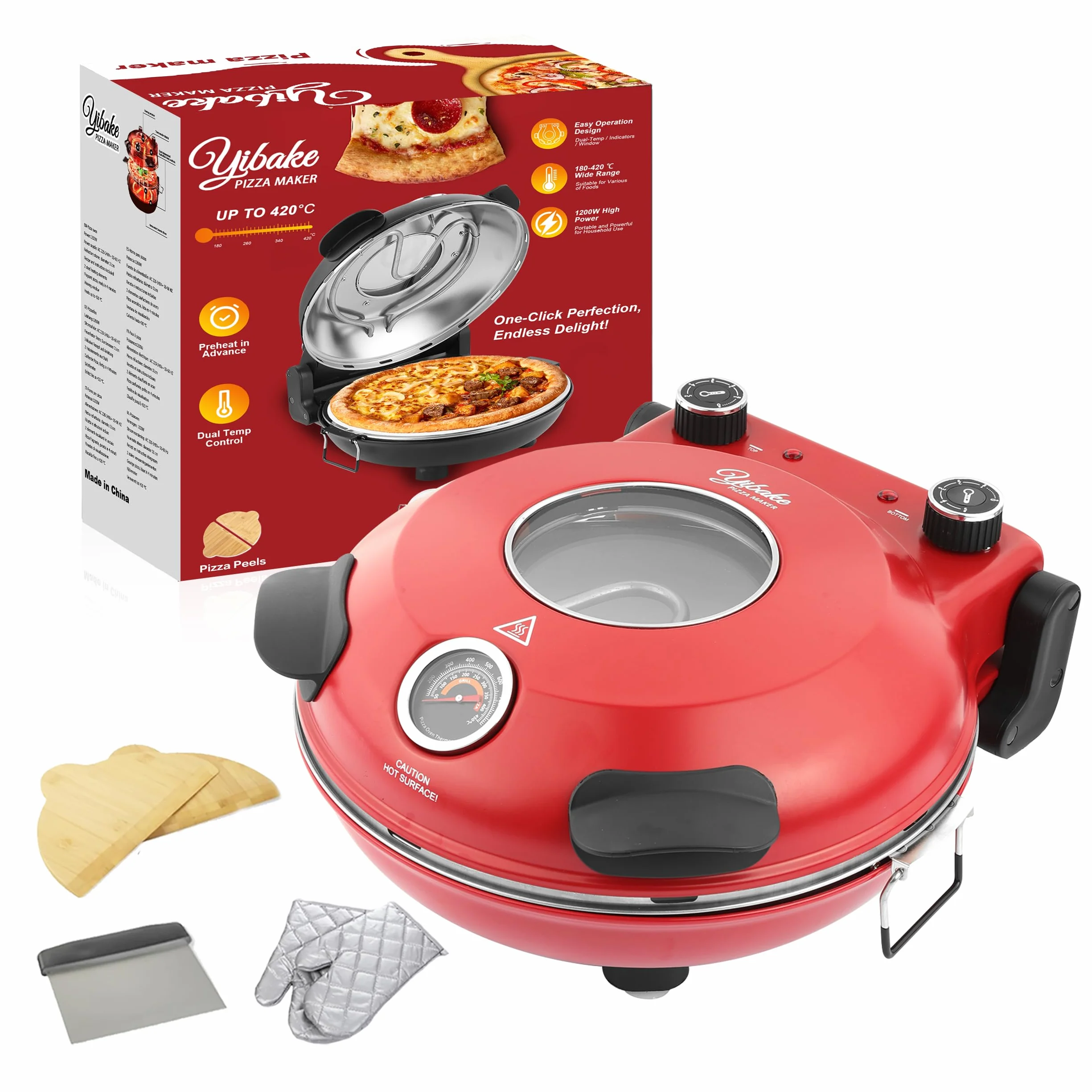 Horno Pizza Eléctrico 4 Minutos, Piedra Refractaria Desmontable, 420℃, Ventana Visualización, Rojo