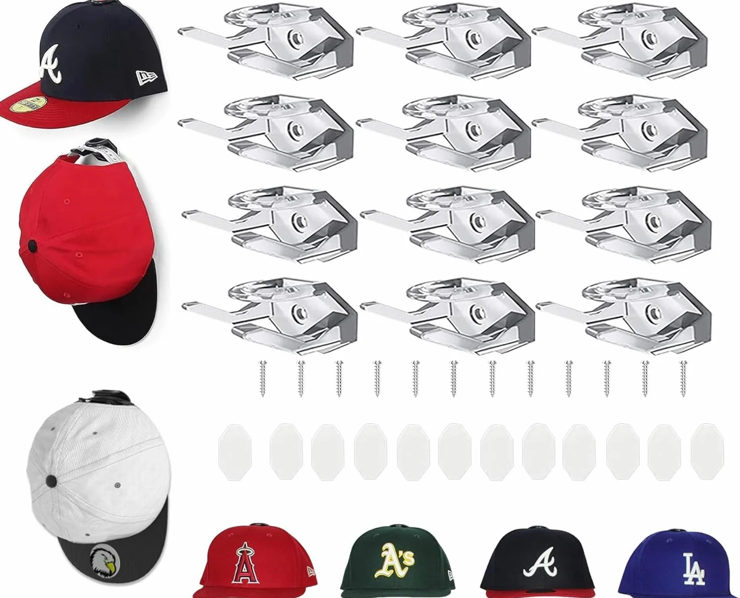 Guidre 12 pcs Colgador de Sombreros,Béisbol Organizador sin Perforación,Colgador para Sombreros de Pared,Perchero para Gorras de béisbol Organizador de Sombrero Gorras Adhesivo para Pared