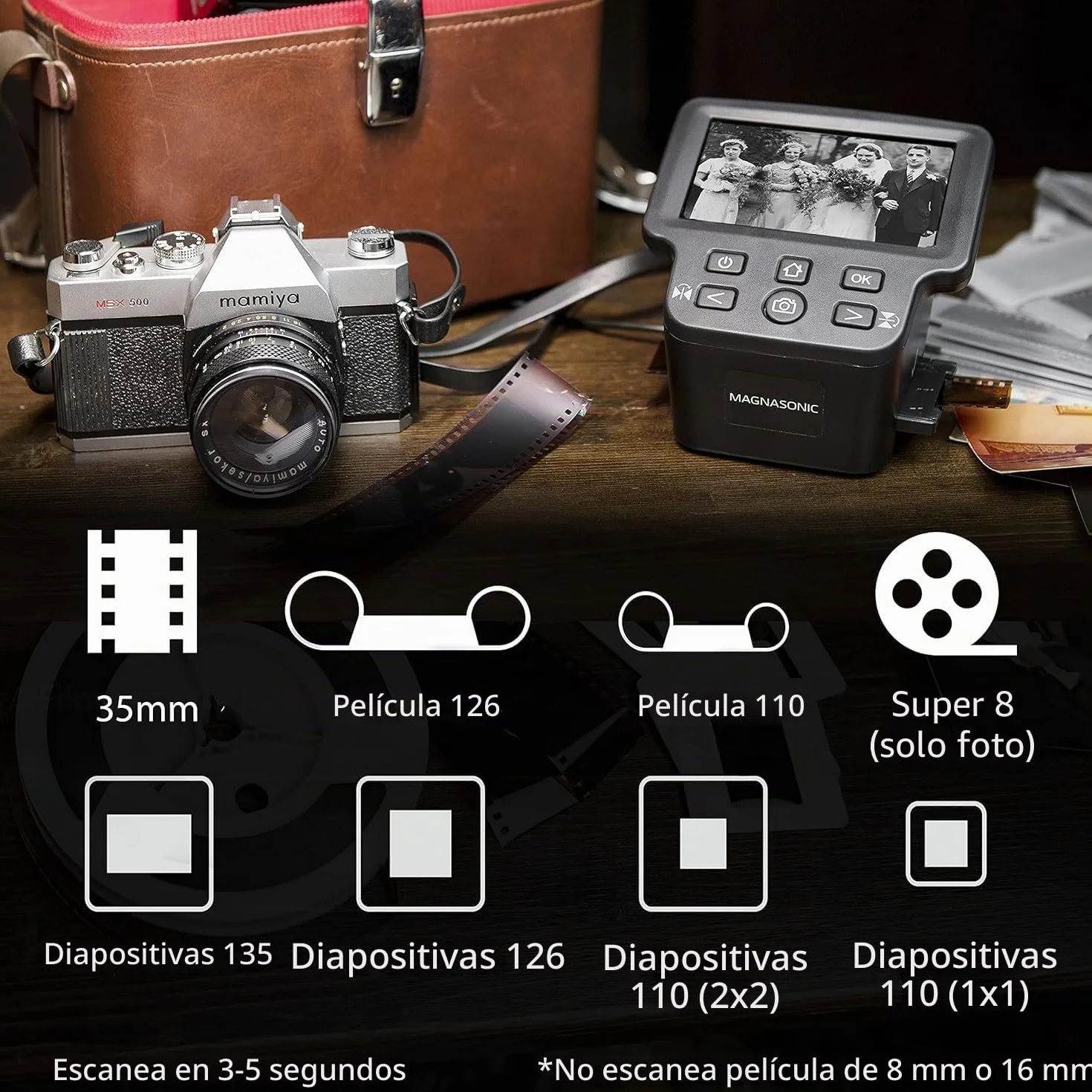 Magnasonic Escáner de Películas Todo en Uno 24 MP con Pantalla 5" HDMI, Convierte Películas 35mm/126/110/Super 8 y Diapositivas 135/126/110, Memoria Interna FS71