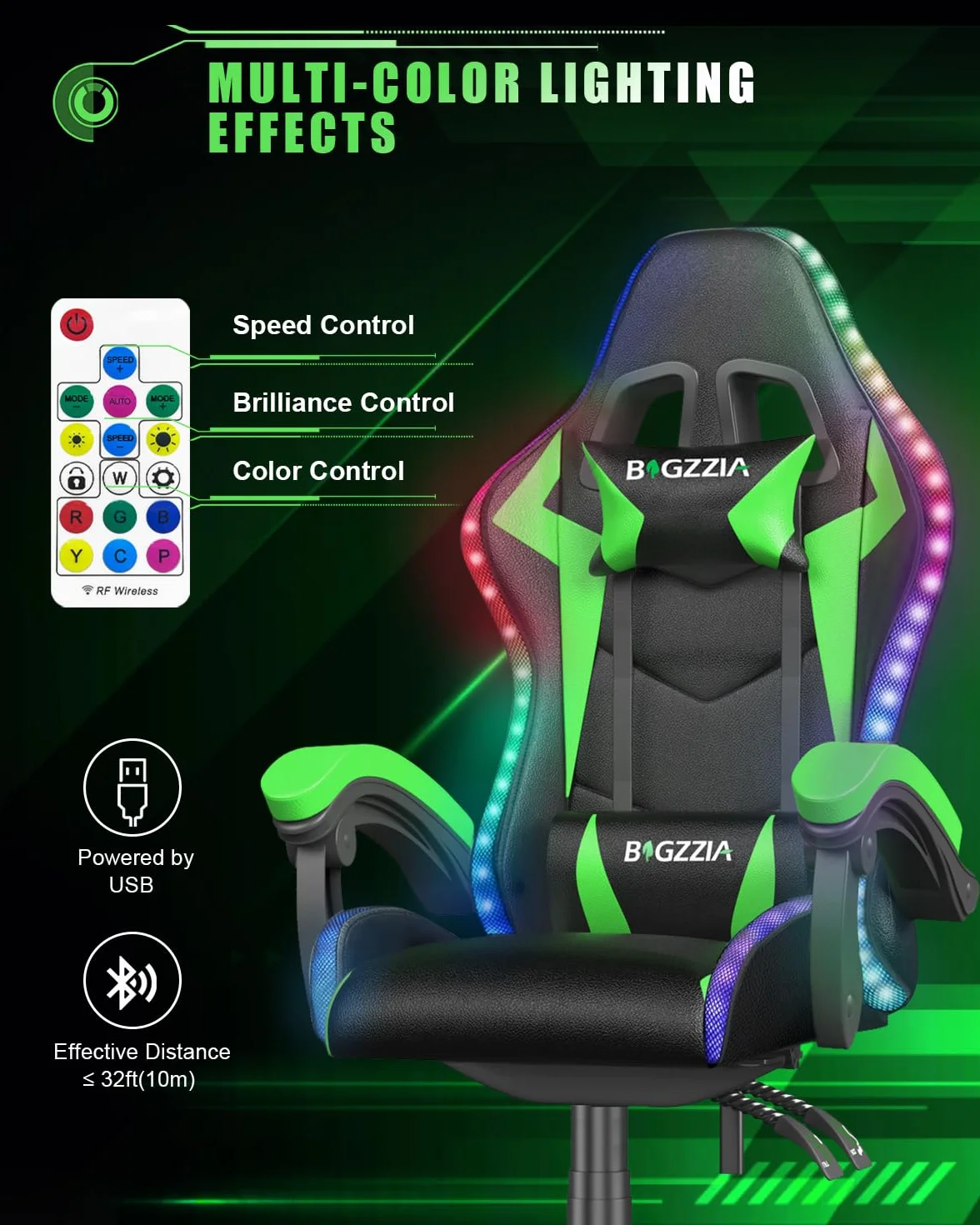 Silla Gaming con Luces LED, Ergonómica, Altura Regulable con Apoyo Lumbar y Reposacabezas, Respaldo Inclinable 155°, RGB Verde