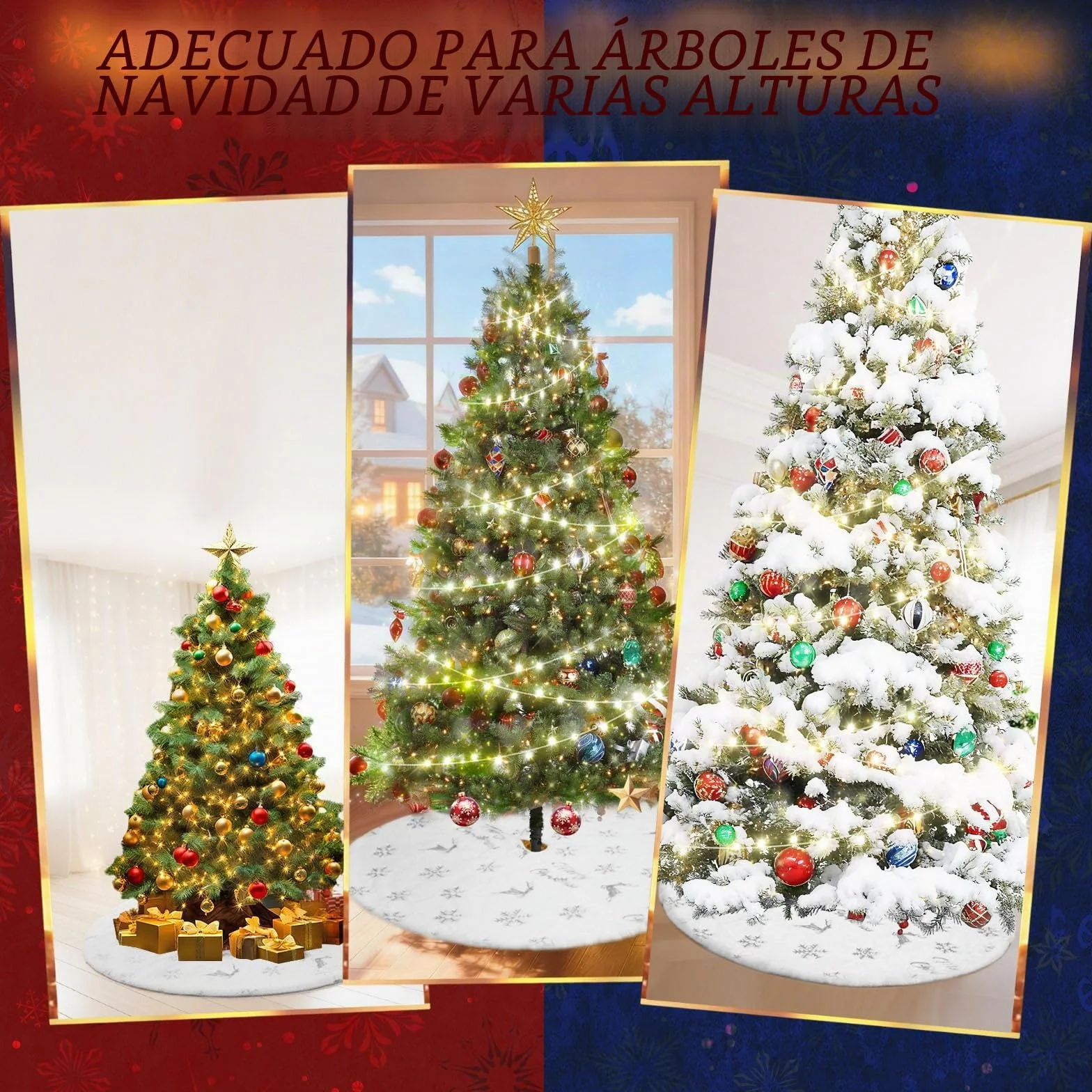 Falda Árbol de Navidad Blanco 75cm Alfombra Blanca con Alce Plateado Copo de Nieve Lentejuelas
