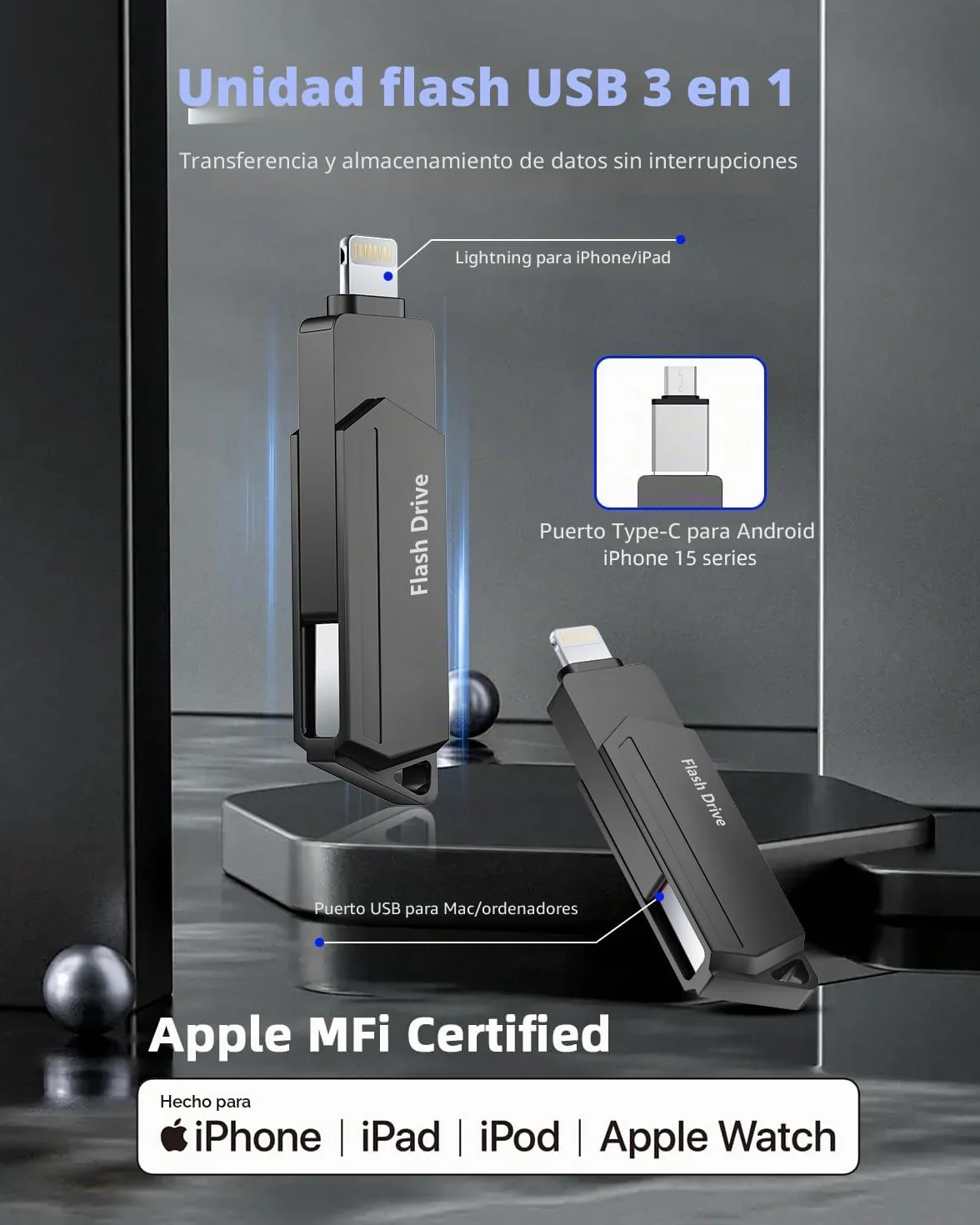 Pendrive para iPhone 512GB MFi Certified 3 en 1 Memoria USB 3.0 Lightning Memoria Externa Tipo C para iPhone/iPad/iOS/Android/Mac/PC - pendrive movil (Negro)