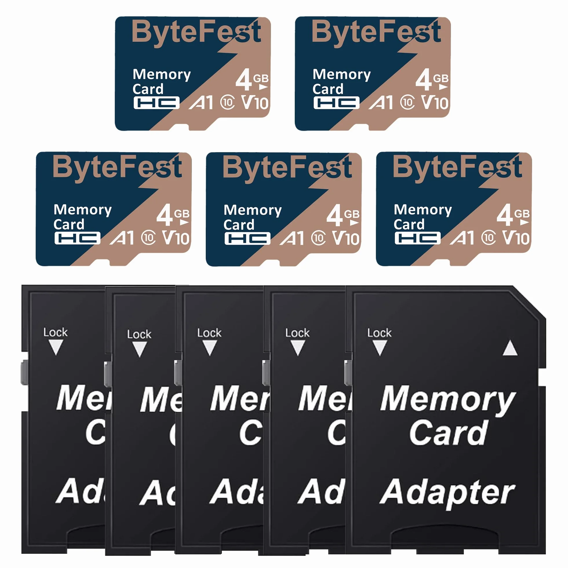 Tarjeta TF de 4 GB, paquete de 5 con 5 adaptadores, clase 10 UHS-I U1 A1 C10 V10 de alta velocidad, video FHD, tarjeta de memoria flash para cámara/monitor/consola de juegos/drone/cámara de