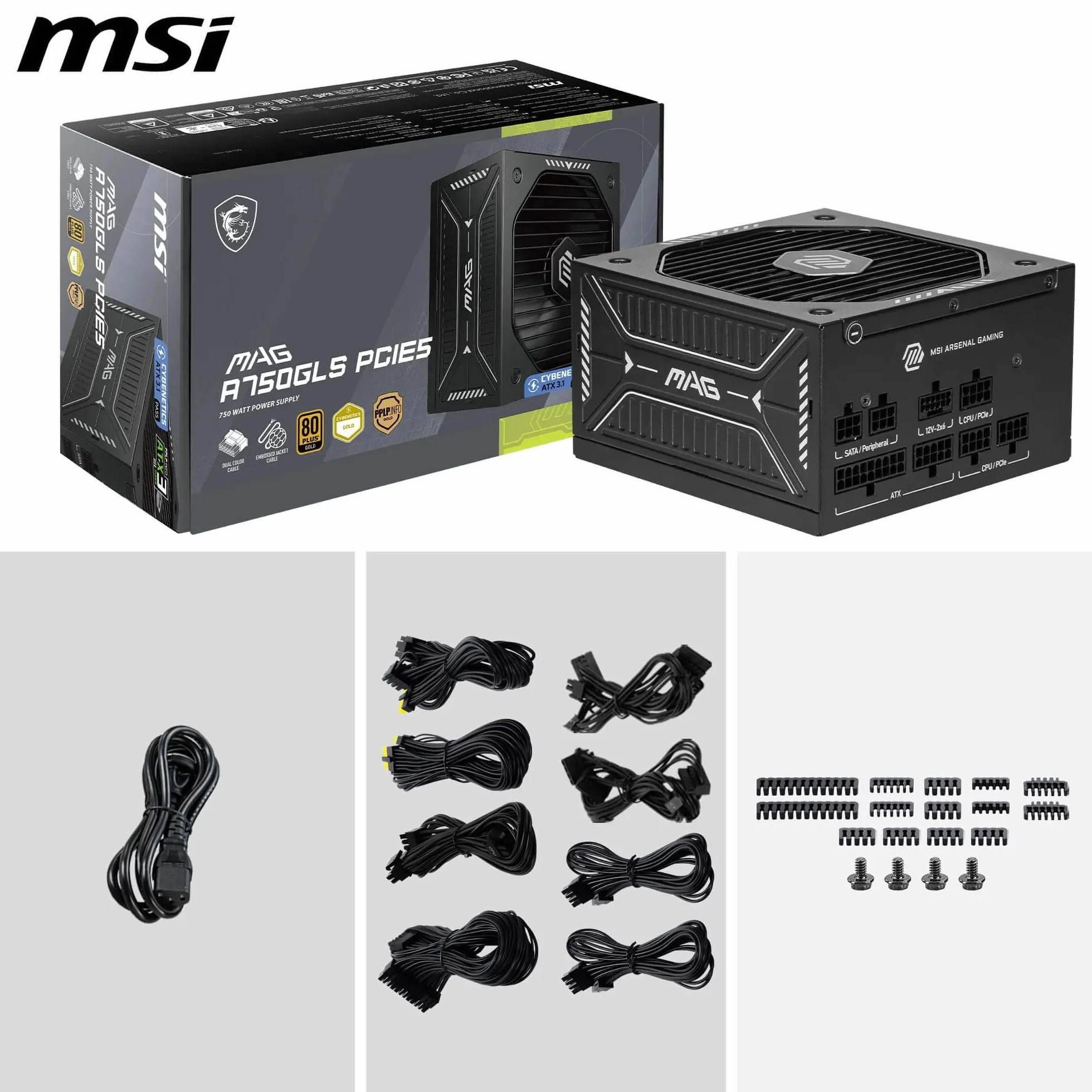 MSI mag A750GLS PCIe 5 – Fuente de Alimentación 750W 80 Plus Gold, Compatible con NVIDIA RTX Series, Conector 12VHPWR, Full Modular, Ventilador Silencioso – PSU Gaming