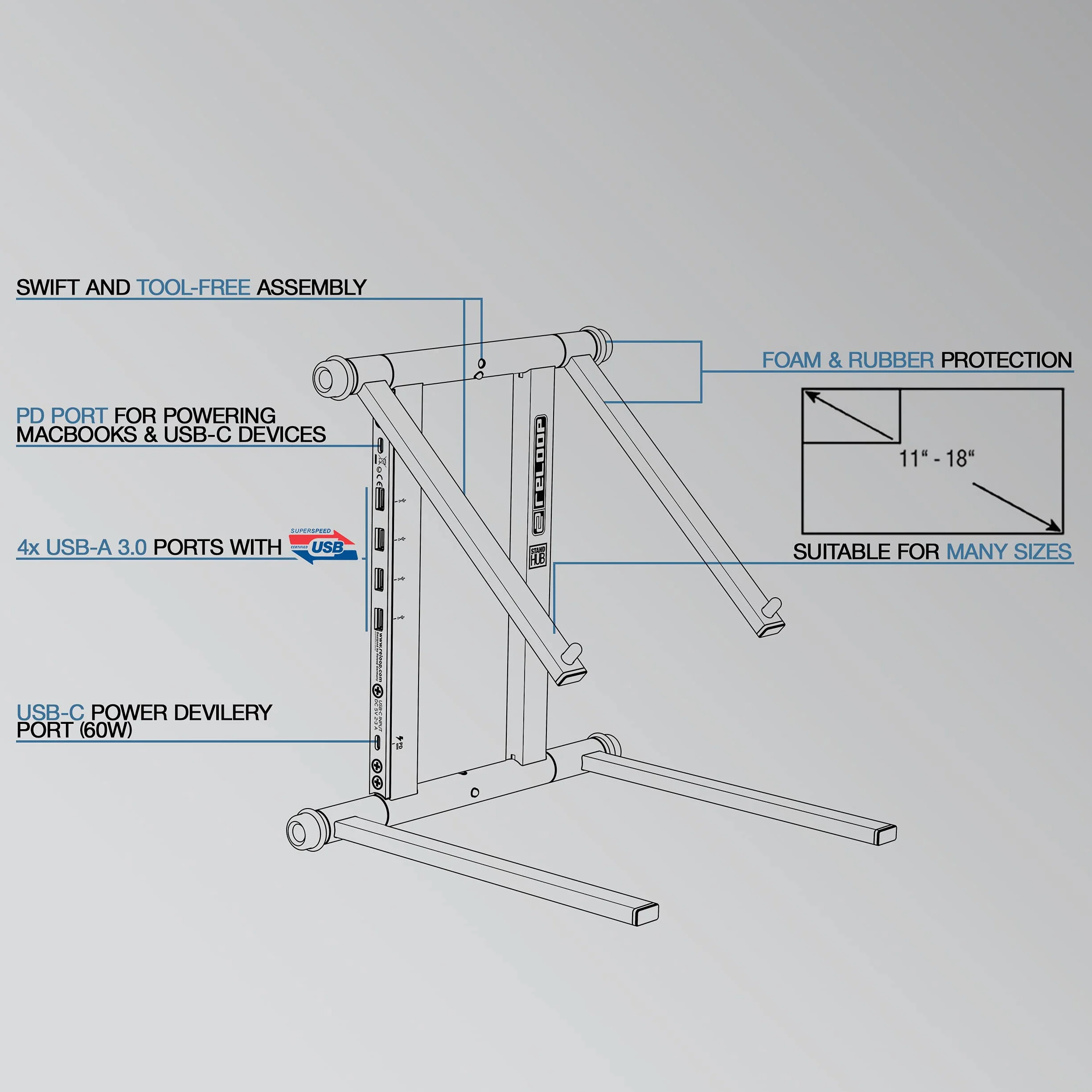 Reloop Stand Hub Innovadora combinación de soporte para portátil y hub usb-c avanzado con alimentación Powerdrive