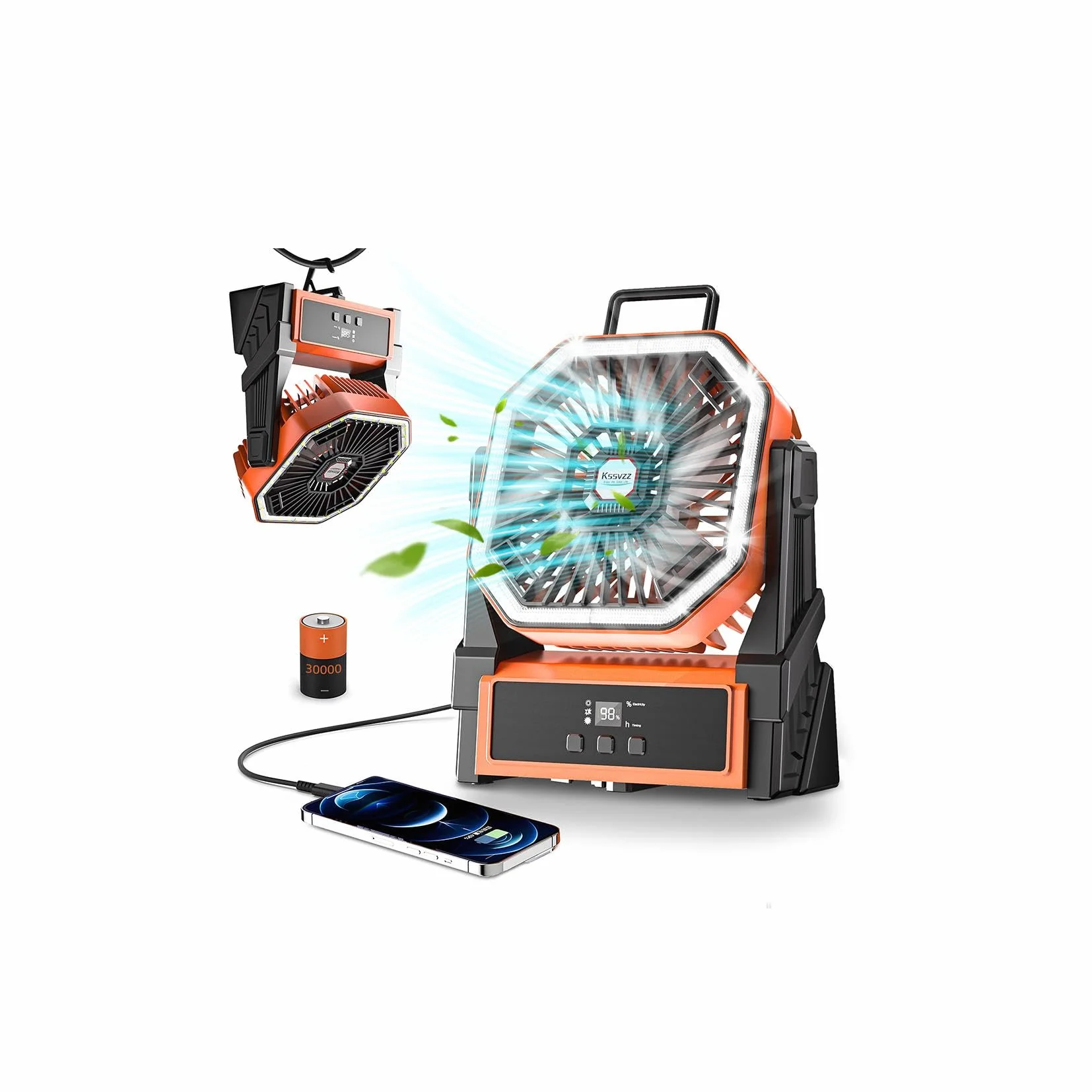 Kssvzz 30000mAh Ventilador de Camping, 4 Velocidades Ventilador USB con Luz LED, 270 ° de Rotación Ventilador Recargable, Portatil Ventiladores a Pilas para Viajar, Picnic, Pesca, Senderismo