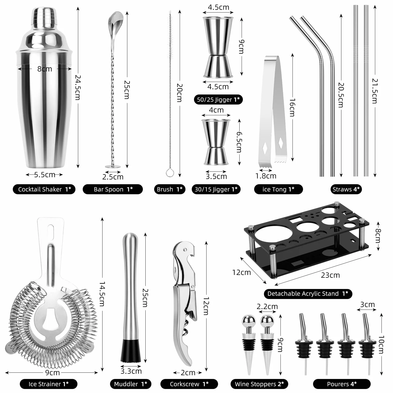 Coctelera Profesional de Acero Inoxidable 20 Piezas Kit de Coctelería con Soporte Acrílico