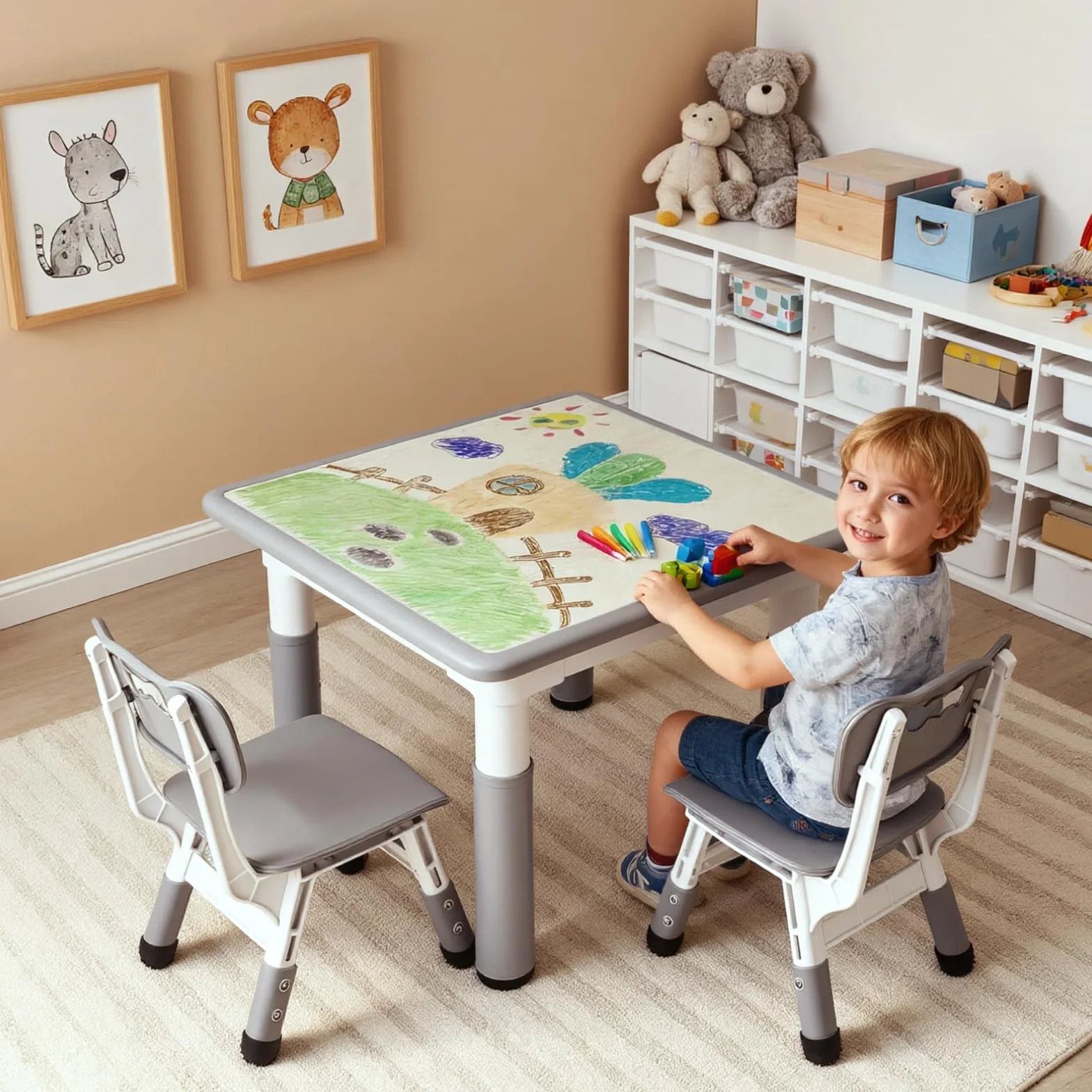 MAMIZO Mesa Infantil con 2 Sillas Ajustable, Muebles de Plástico para Niños, Gris Cuadrada