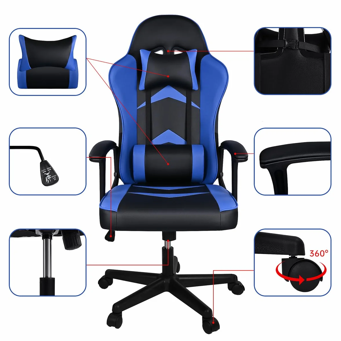 Silla Gaming Ergonómica Reclinable con Cojín Lumbar y Cervical Respaldo Alto Acolchado Altura Ajustable Ruedas Giratorias 360° Reposabrazos
