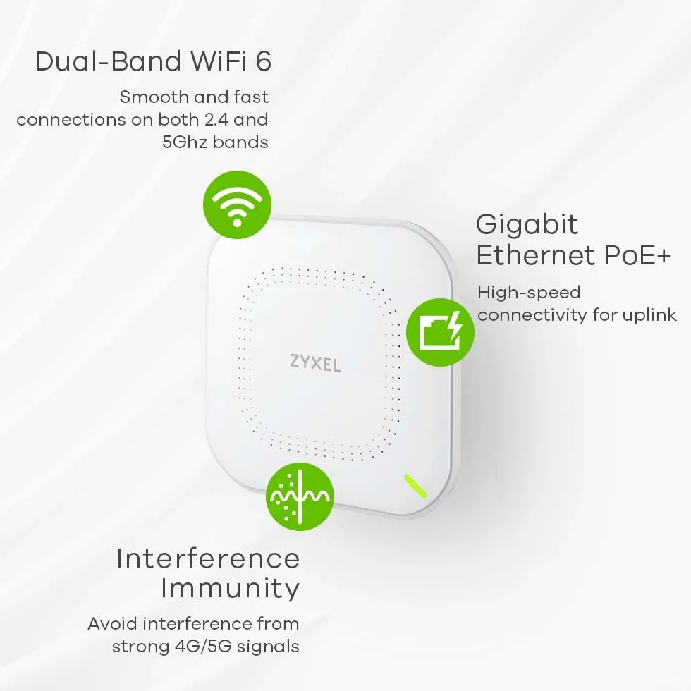 Zyxel WiFi 6 AX1800 Punto de Acceso | 802.11ax Doble Banda | Gestión en la Nube o Independiente | hasta 4 SSID | PoE | Fuente de Alimentación Incluida [NWA50AX]