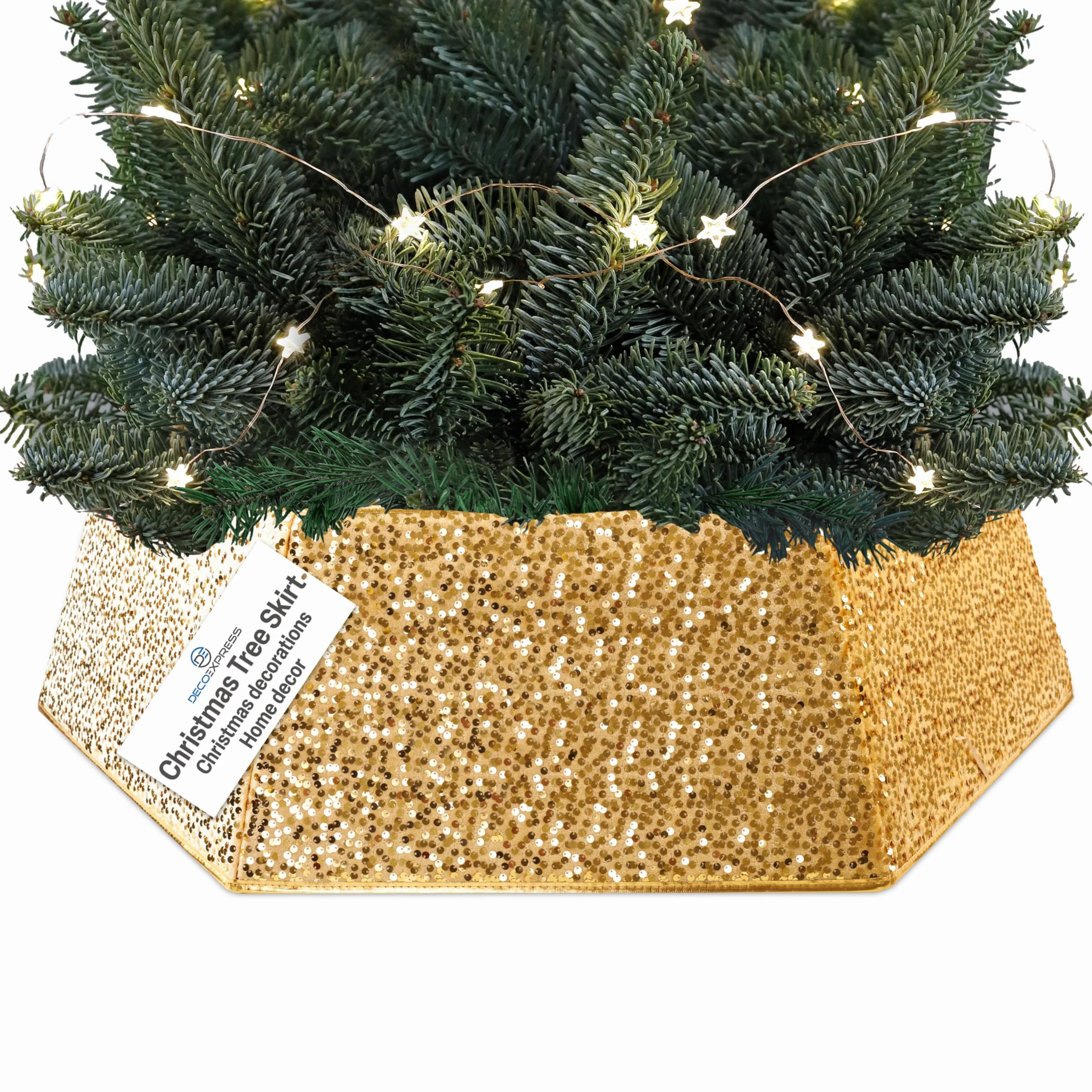 DECO EXPRESS Falda para Árbol de Navidad con Lentejuelas 68x85 cm, Cubre Árbol Hexagonal con Cierre de Velcro