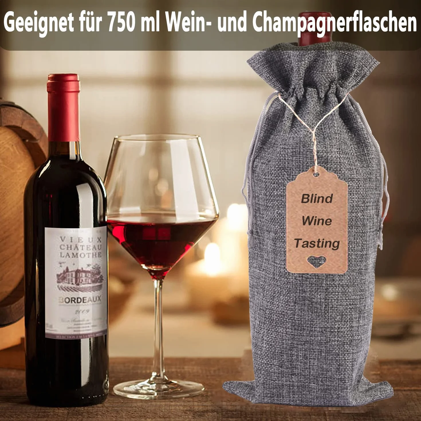 Bolsas de lona para vino con cordón, reutilizables (Gris)