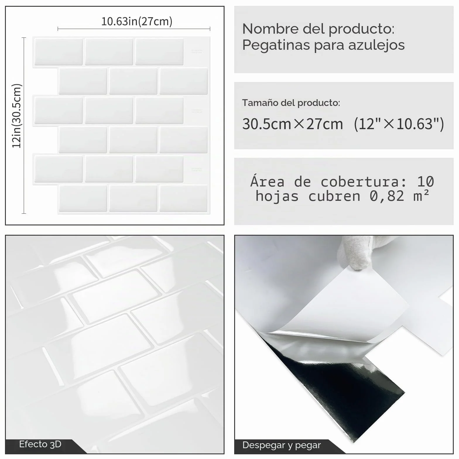 DEWOO Autoadhesivos Vinilo Baldosas Azulejos Adhesivos Pared Cocina Baño Metro Blanco 30.5x30.5cm