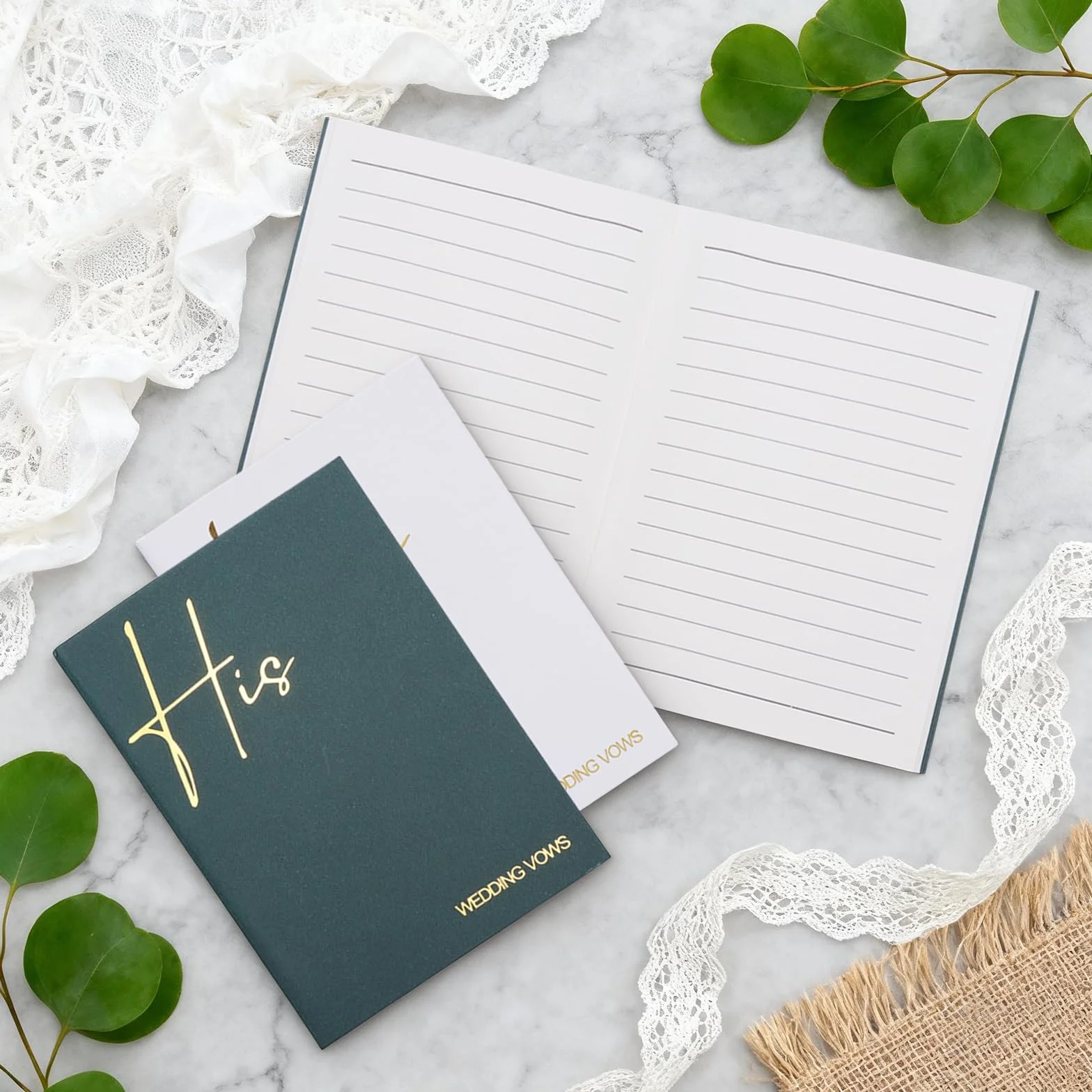 VOSSOT 2 libros de votos boda cuaderno él ella regalo lámina dorada 12 páginas verde oscuro blanco
