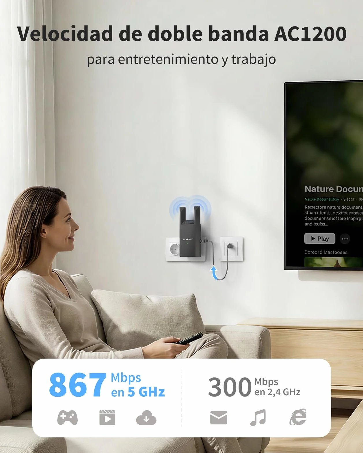 BrosTrend AC1200 Punto de Acceso WiFi con Puerto Gigabit, Access Point WiFi de Doble Banda 5GHz & 2.4GHz, Punto Acceso Inalámbrico Enchufe Pared, WiFi AP Interior para PC, Smartphone, Tablet, Impresor
