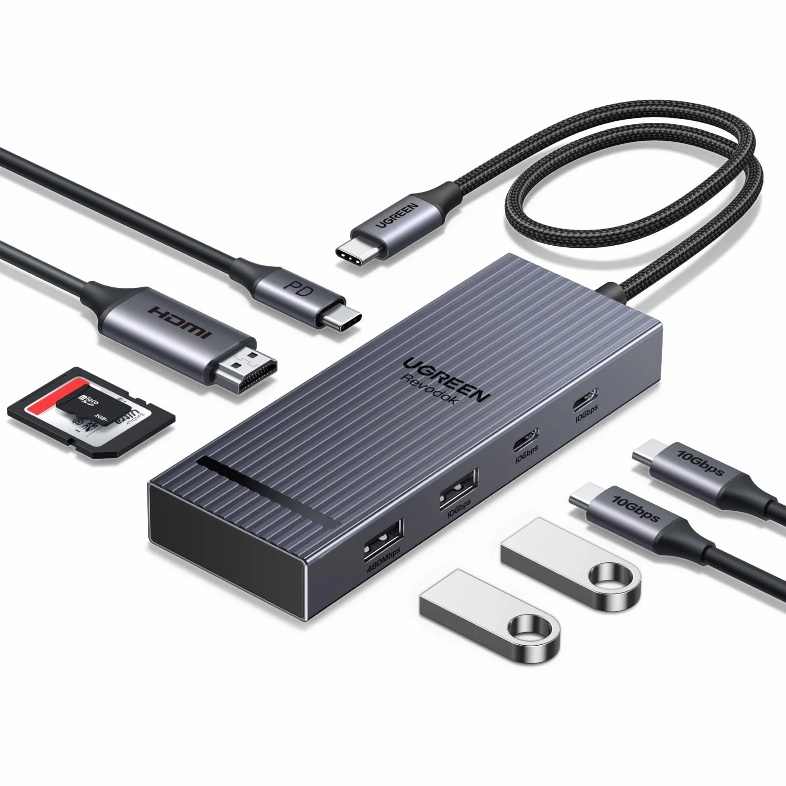 UGREEN Revodok Pro 108 10Gbps Hub USB C HDMI 4K 60Hz Lector de Tarjetas SD TF PD 100W Adaptador Multipuerto 8 en 1 Docking Station Compatible con MacBook Neo iPad Air iPhone 17 Pro MAX Galaxy S26