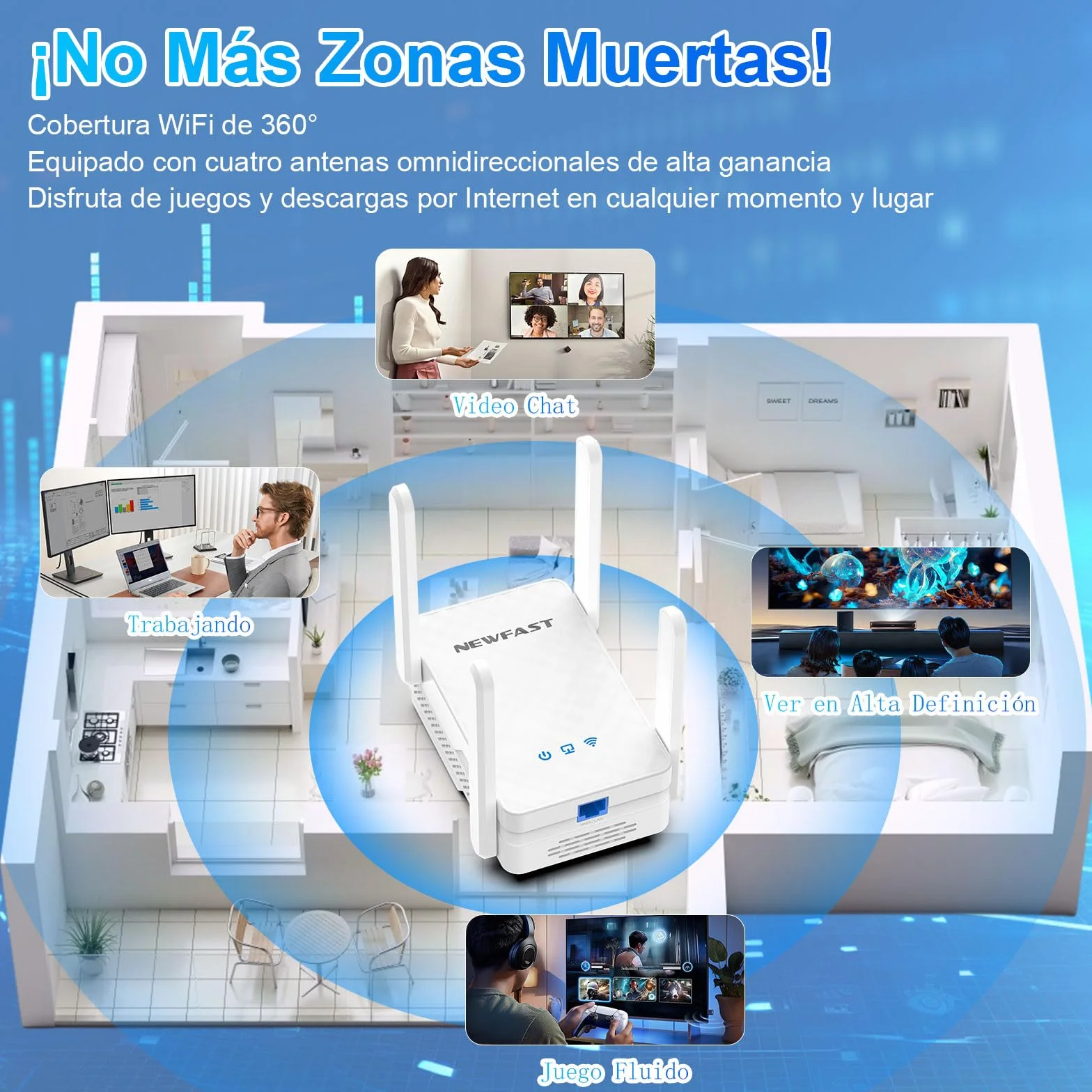 NEWFAST Repetidor WiFi 3000Mbps Amplificador Señal WiFi AX3000 Repetidor WiFi6 5.8/2.4GHz, Puerto Gigabit, 4 Antenas, WPA3, IEEE802.11ax/AC/b/g/n