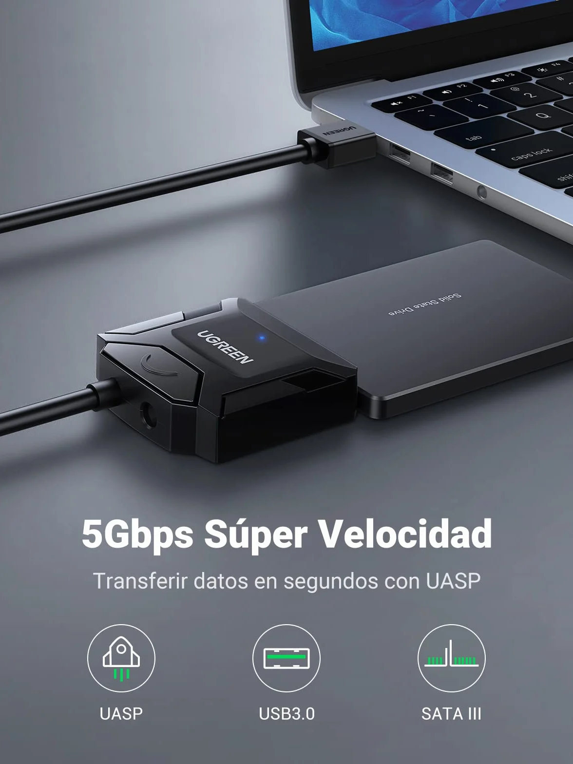 UGREEN Adaptador de HDD SSD 2,5" 3,5" 20TB, Cable SATA USB 3.0 con UASP con 12V Compatible con PC, Macbook, PS5, PS4, WD, Toshiba, Seagate, Hitachi