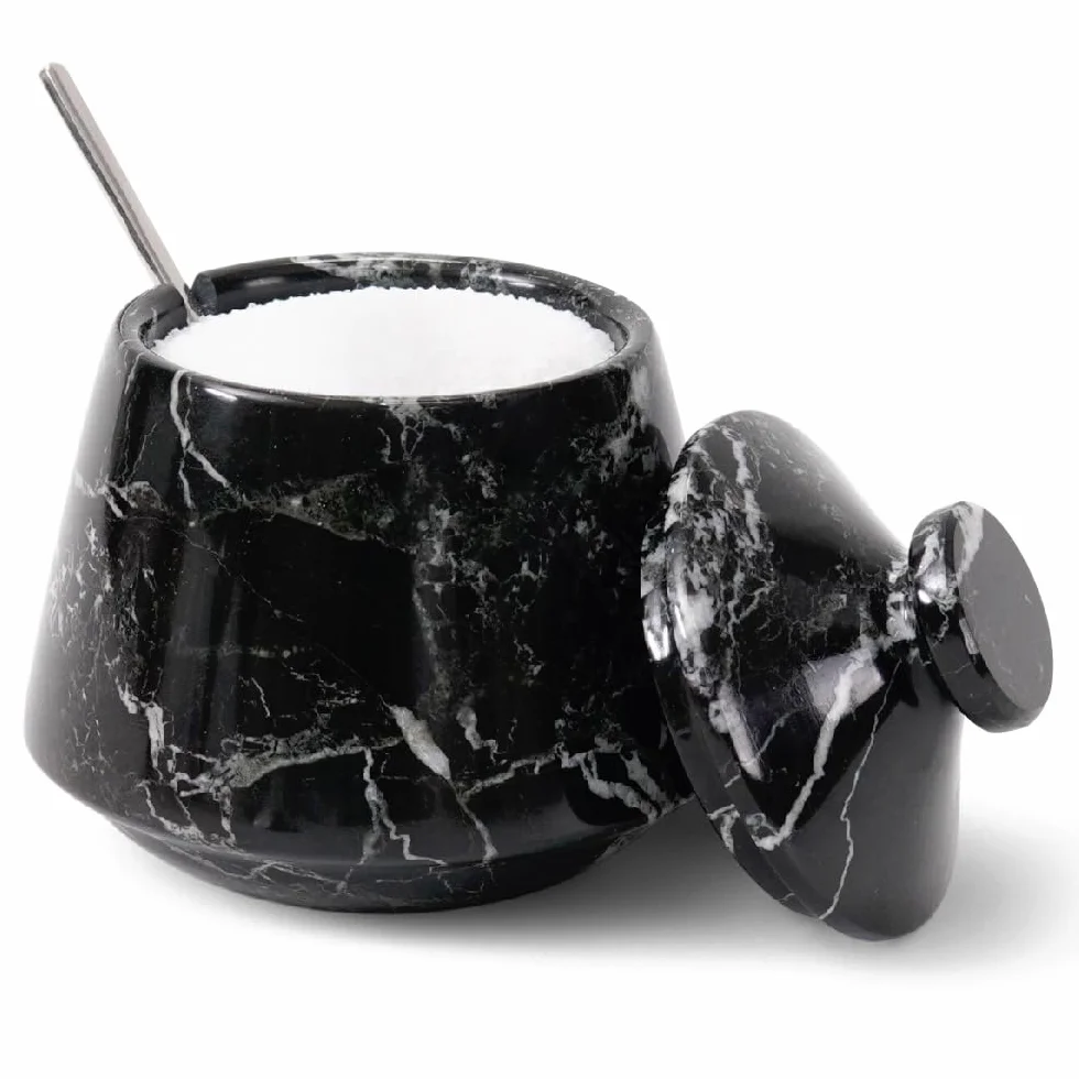 Salero de mármol con tapa y cuchara, azucarero hecho a mano en cebra negra de 10 cm, contenedores de condimentos, portasal y pimienta, almacenamiento para joyas, recipiente de sal