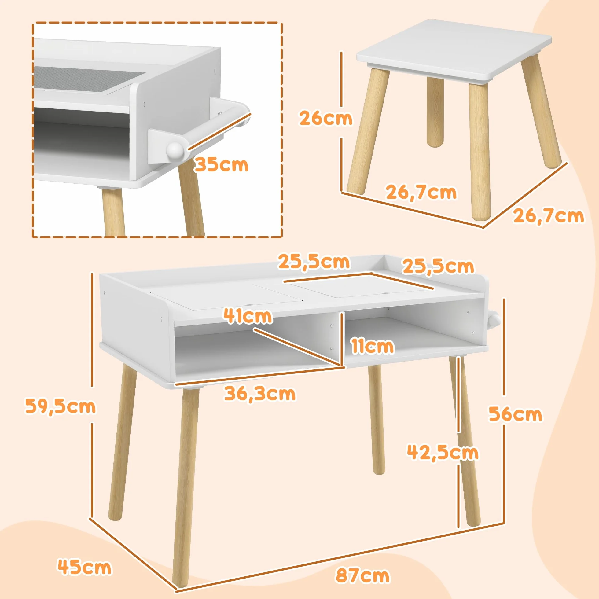 HOMCOM Juego de Mesa y Silla Infantil con Tablero de Bloques y Rollo de Papel Blanco