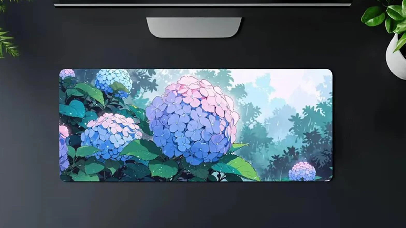Alfombrilla Gaming XXL 1500x800mm, Alfombrilla Ratón Gaming con Base de Goma Antideslizante y Bordes Cosidos, Mouse Pad Duradera y Cómoda para Jugadores, PC y Portátil(Hortensia Gotas Lluvia)