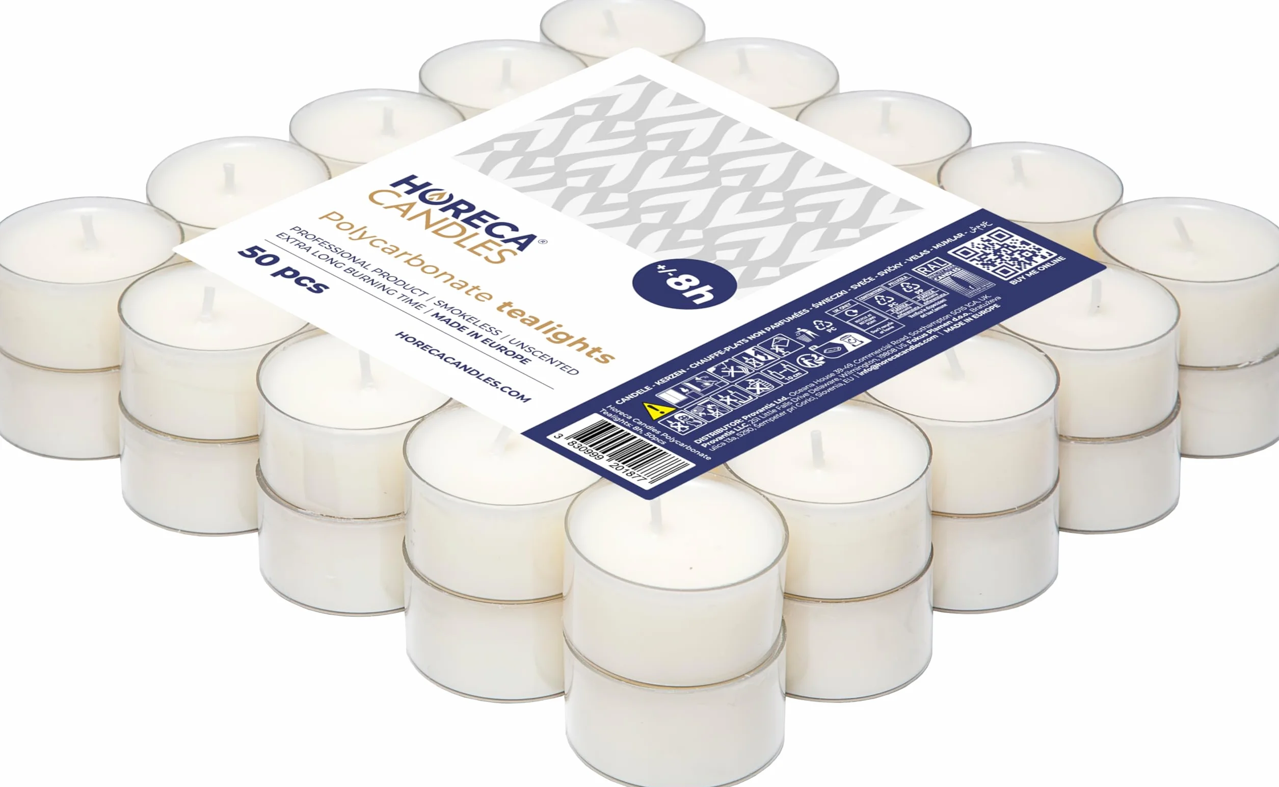 Horeca Candles - Velas de té en taza transparente, paquete de 50 – 8 horas de tiempo de combustión – Cera blanca – sin humo, sin goteo, sin perfume, velas de té a granel