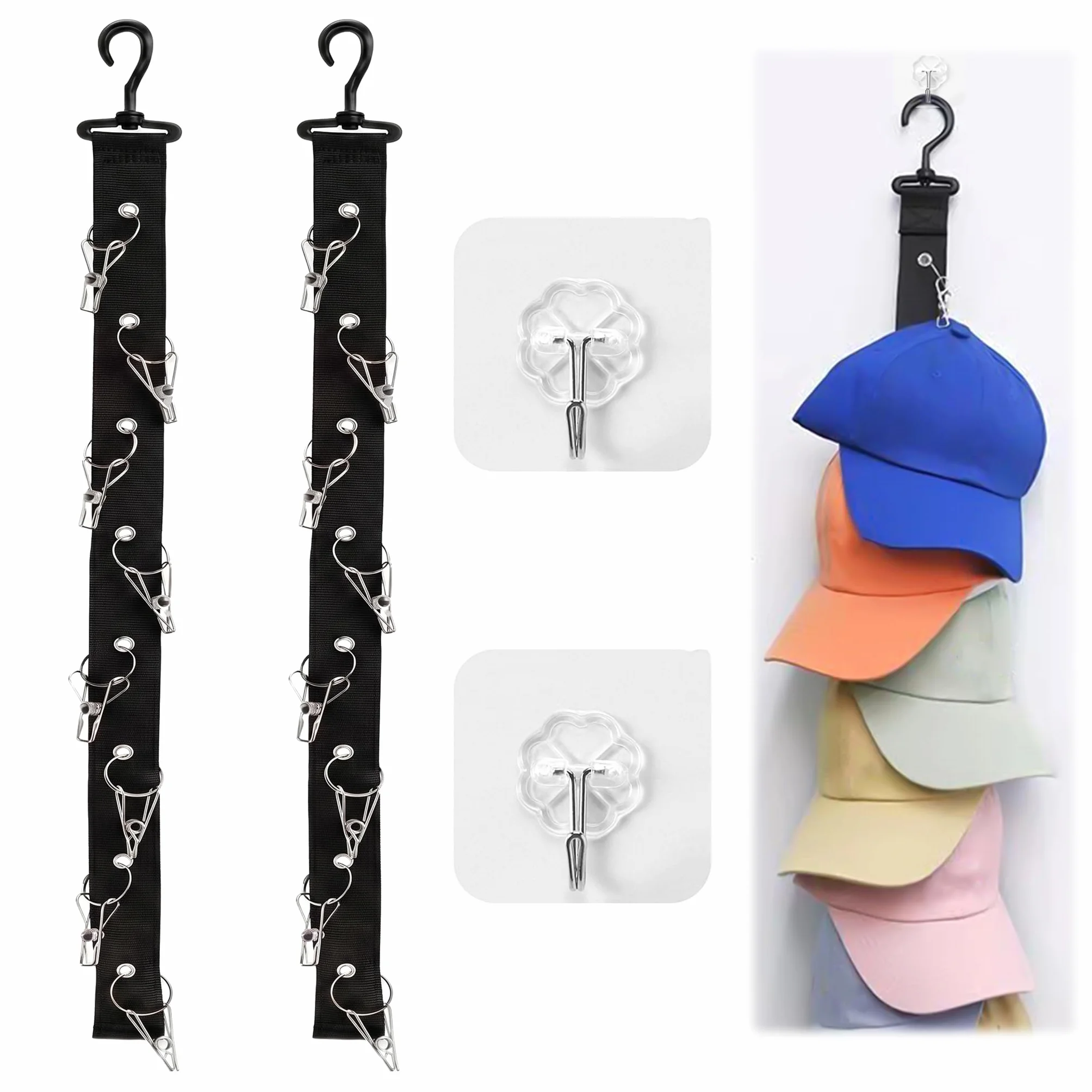 2 Piezas Organizador de Gorras de Béisbol, Colgador Gorras Vertical con 16 Clips Armario y 2 Ganchos Adhesivos, Colgadores de Gorra de Béisbol para Bufanda, Ropa, Toallas, Corbatas, Gorra (Negro)