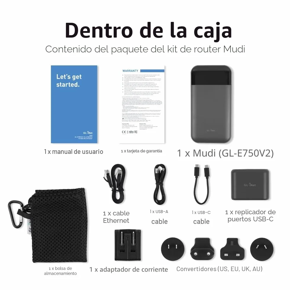 GL.iNet GL-E750V2 (MUDI) Punto de Acceso Wi-Fi portátil 4G LTE para Viajes | Dispositivo de Punto de Acceso Móvil, OpenWrt, OpenVPN, WireGuard, Tor, 7000mAh, Versión Global
