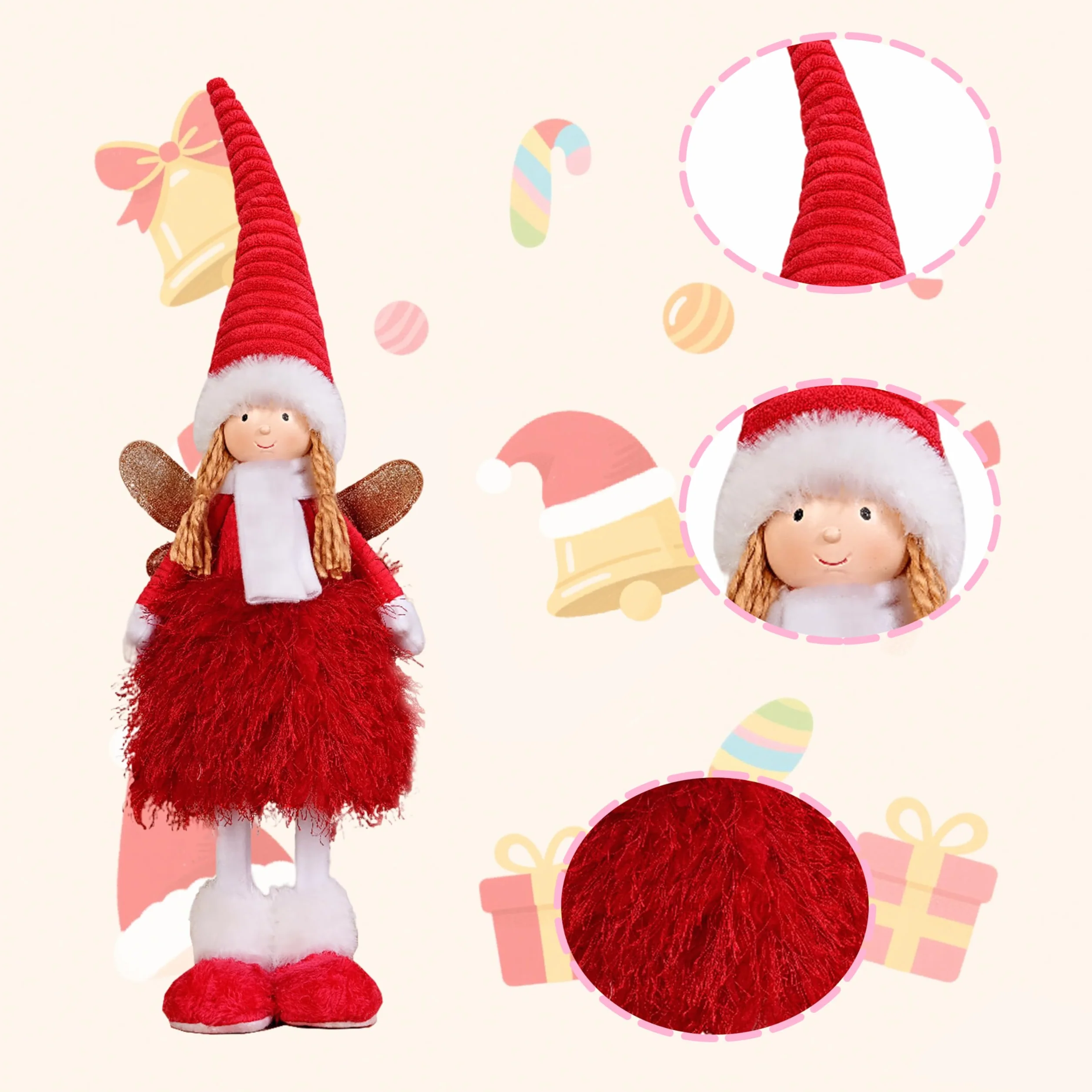 Figura de hada de ángel de tela decoración navideña rojo para interior