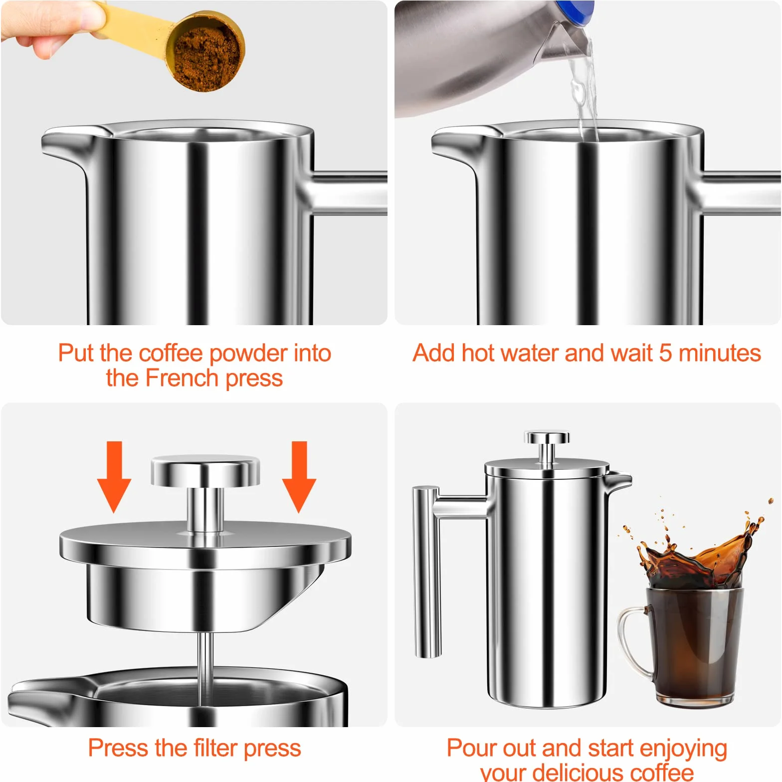 Cafetera de Prensa Francesa 350 ml, Filtro Triple Acero Inoxidable, Resistente al Calor, para Hogar Viajes Camping