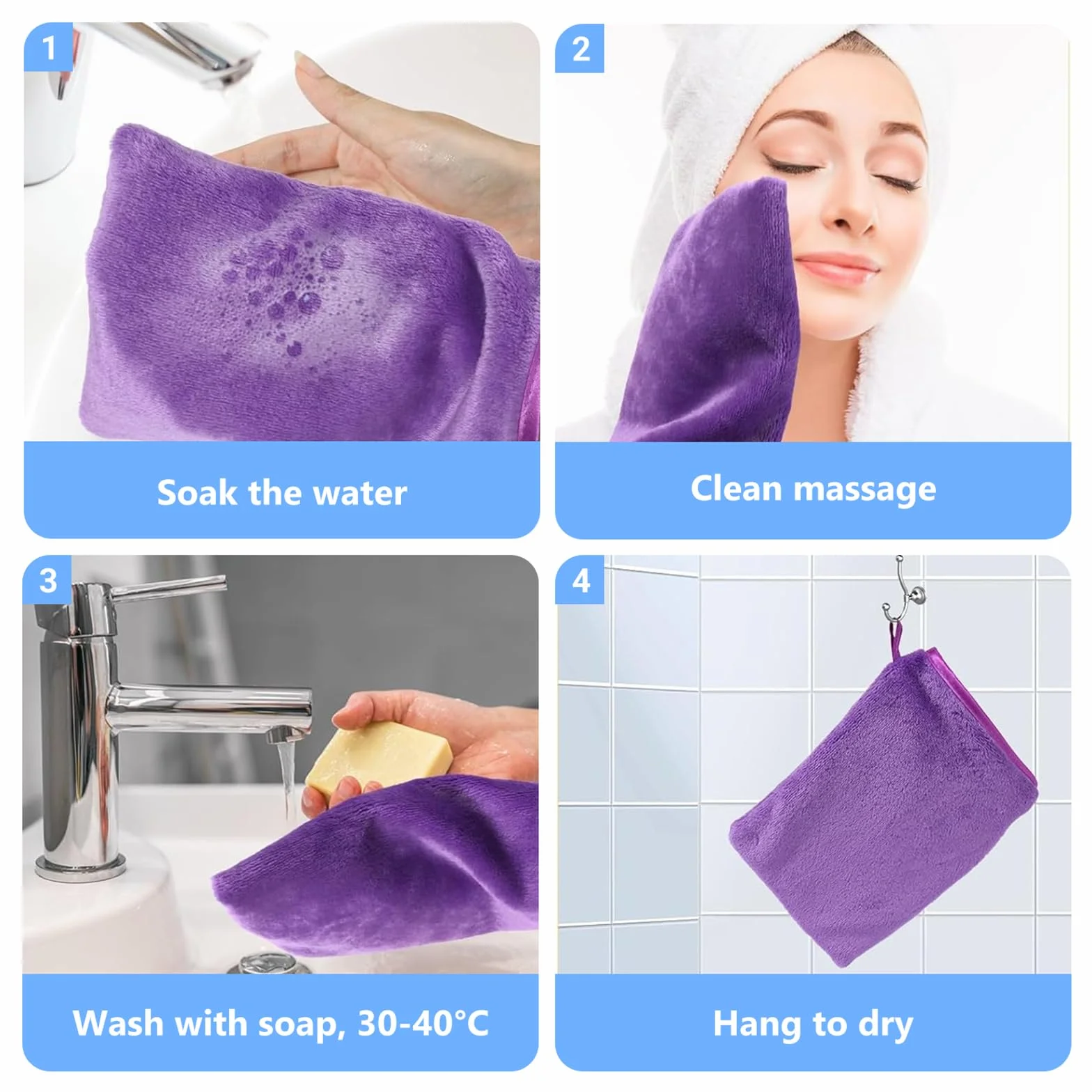 Manoplas Baño Guantes de Lavado Cara Franela Limpieza Facial 15x20cm Desmaquillante