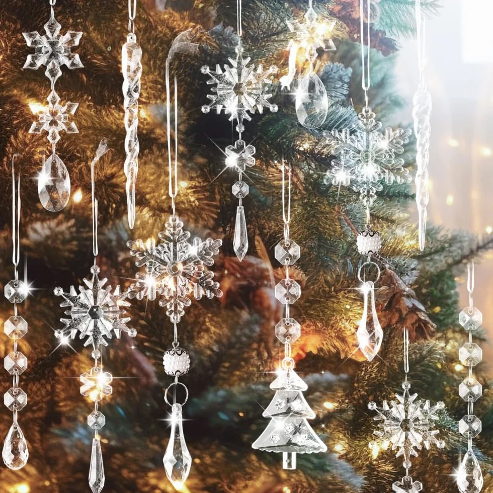 Lanpn 26 Piezas Decoración Navideña Adornos del Árbol de Navidad de Cristal,Colgante Acrílico de Copo de Nieve de Carámbanos para Navidad Invierno Exterior Interior Fiesta Decoración Transparente