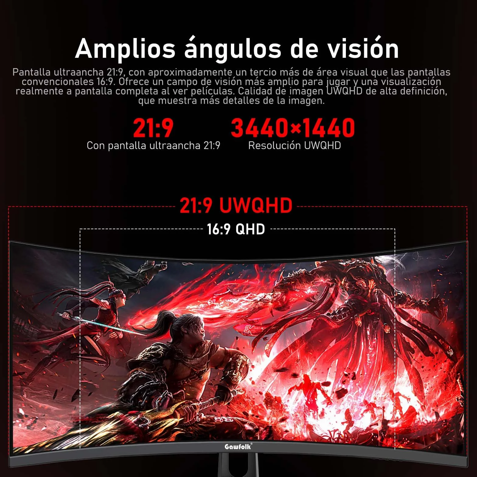 Gawfolk Monitor Curvo Ultrawide 34 Pulgadas 200Hz UWQHD 3440x1440 1500R 120% sRGB Adaptive Sync Altavoces Integrados HDMI DisplayPort Montaje en Pared Negro