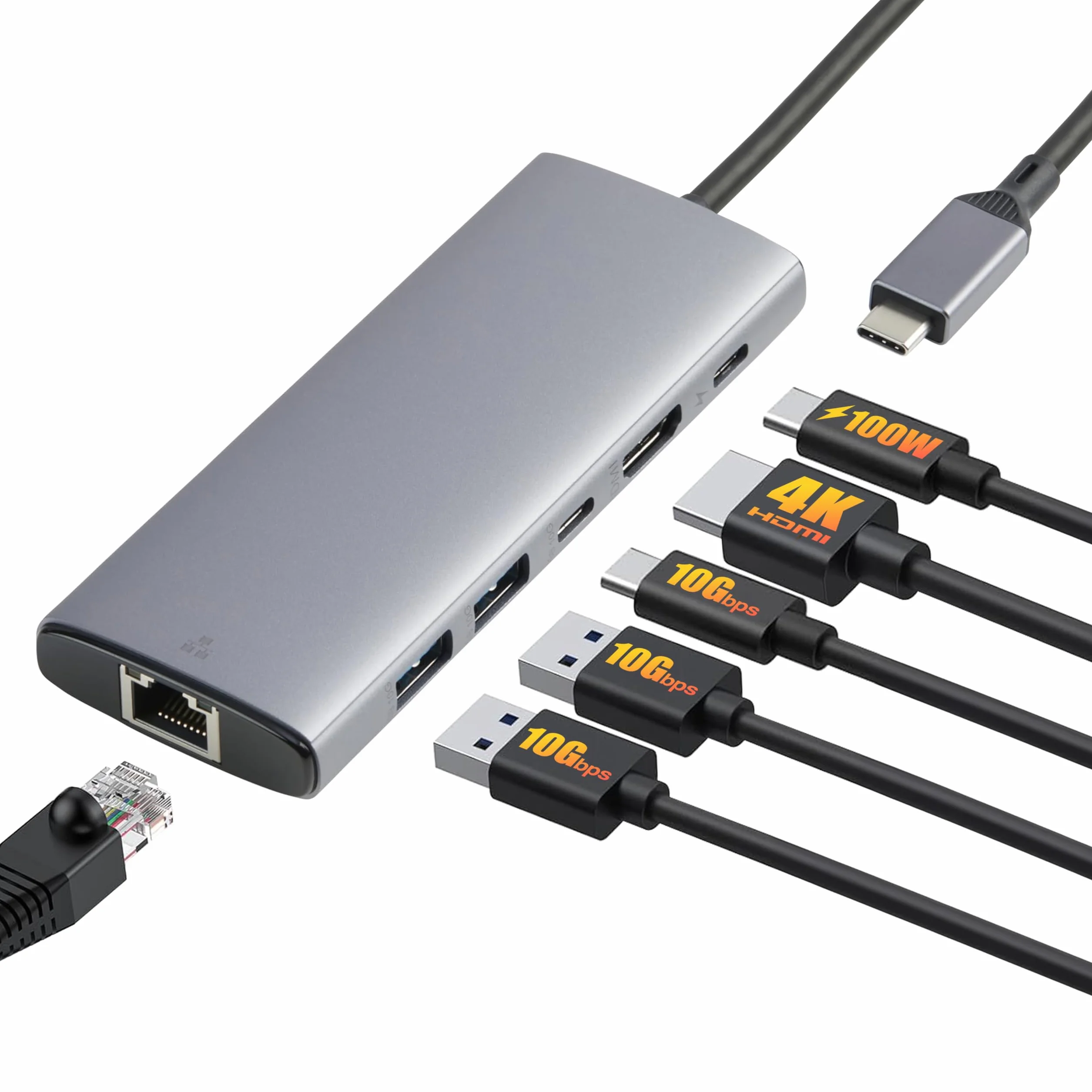 Amazon Basics 6 en 1 Concentrador USB 3.1, (1 USB-C 100W PD Input, 2 USB-A, 1 USB-C, HDMI 4K, Ethernet), Gris Claro, 11.94 x 4.6 x 1.5cm