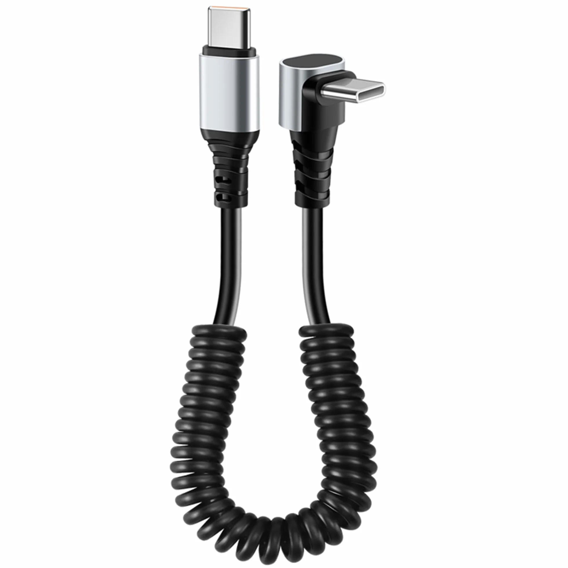 Cable USB C a USB C en espiral de 60 W, cable USB-C de 90 grados para coche, espiral de resorte retráctil, cable de carga tipo C con sincronización de datos, compatible con i-Phone 16 15 Plus/Pro/Pro