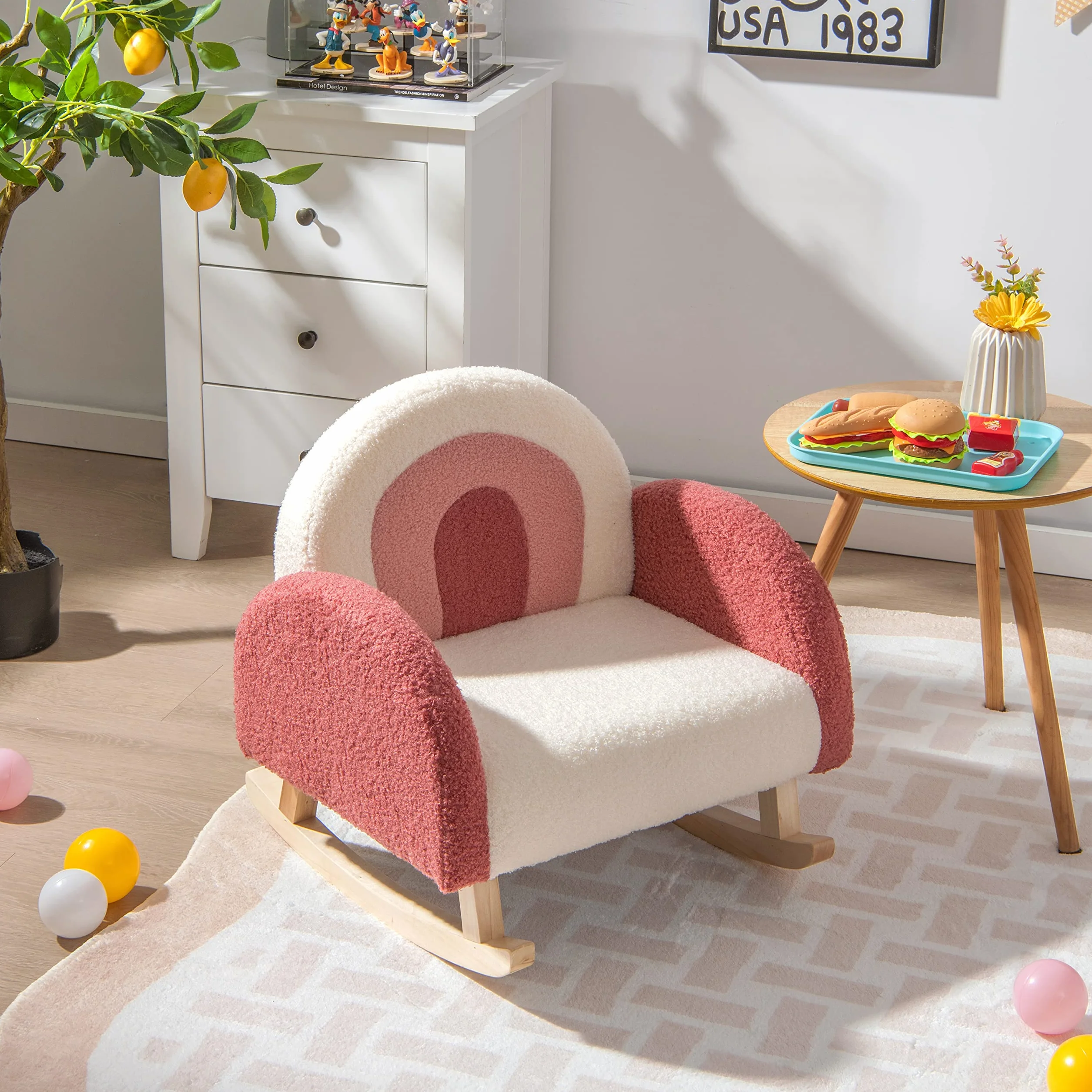 LIFEZEAL Sillón Infantil Mecedora para niños 3-5 años, Asiento Patas Madera Álamo, Antivuelco Rojo