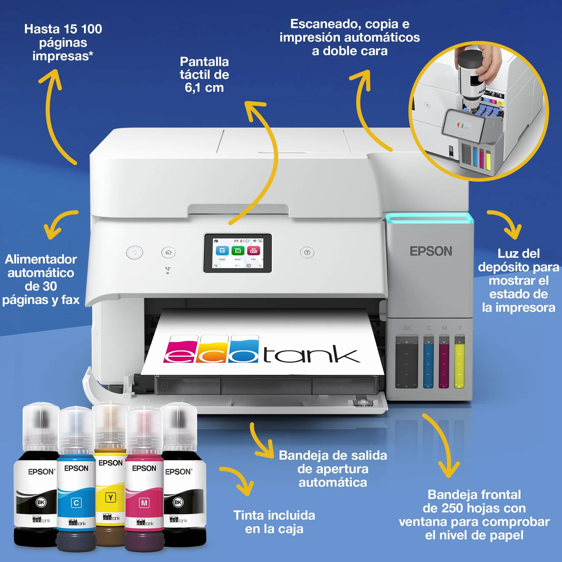 Epson EcoTank ET-4956 Impresora de Depósito de Tinta | Teletrabajo | Wi-Fi, Ethernet | A4 | Doble Cara | Imprimir, Copiar, Escanear, Fax | Pantalla Táctil 6,1cm | ADF | Tinta Incluida para 3 Años