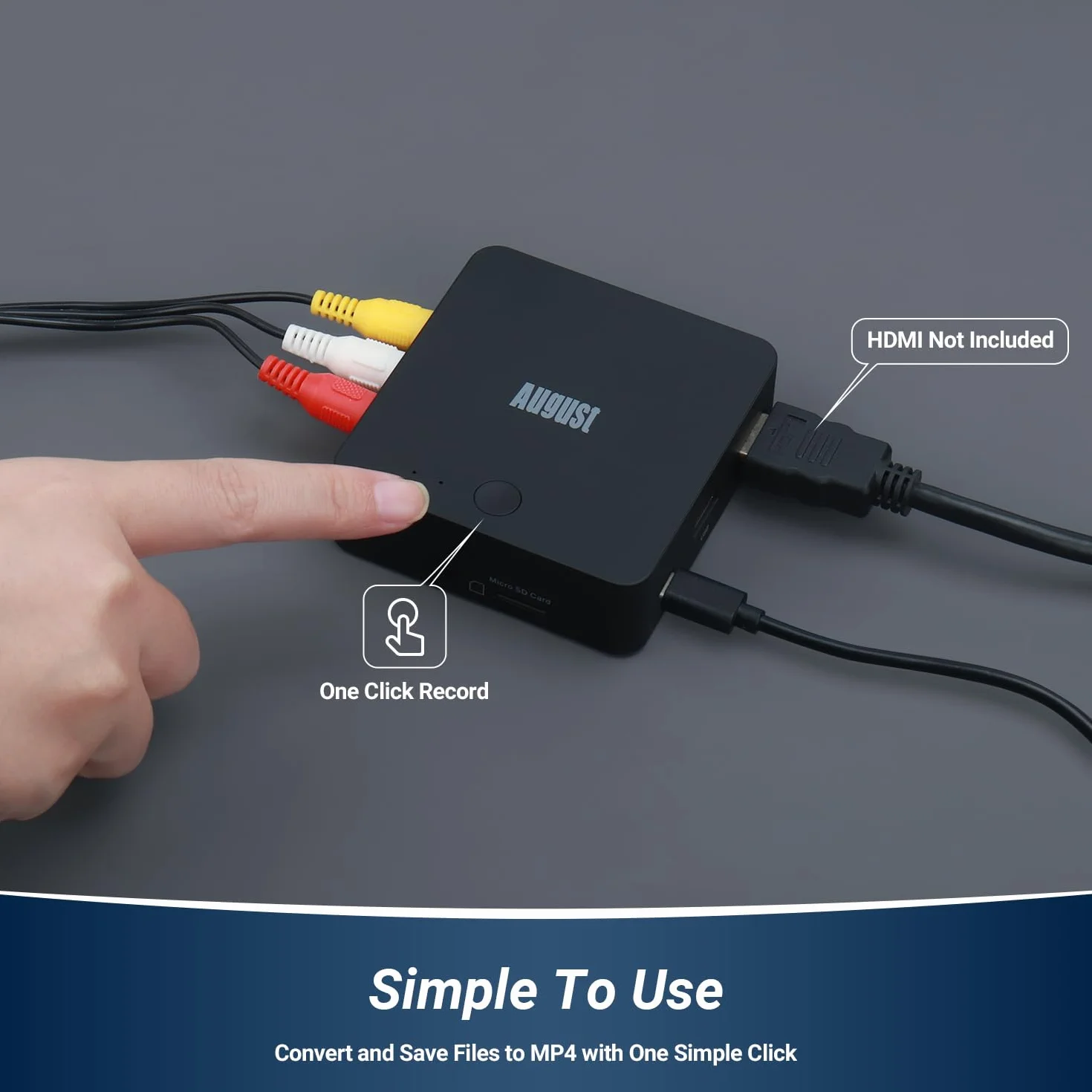 August VGB400 Tarjeta capturadora de vídeo sin PC, Cable RCA para conversión de VHS a Digital, Hi8, Videocámara - Salida a HDMI, grabación en Micro SD o USB Máx. 64 GB - Negro