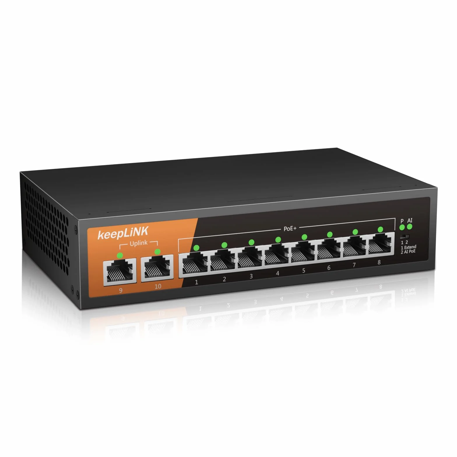 10 Port Gigabit PoE Switch, 8 Puertos 1000Mbps PoE+, 2 Puertos 1000Mbps Uplink, Potencia integrada de 120W IEEE802.3af/at, Plug and Play No gestionado en metal sin ventilador
