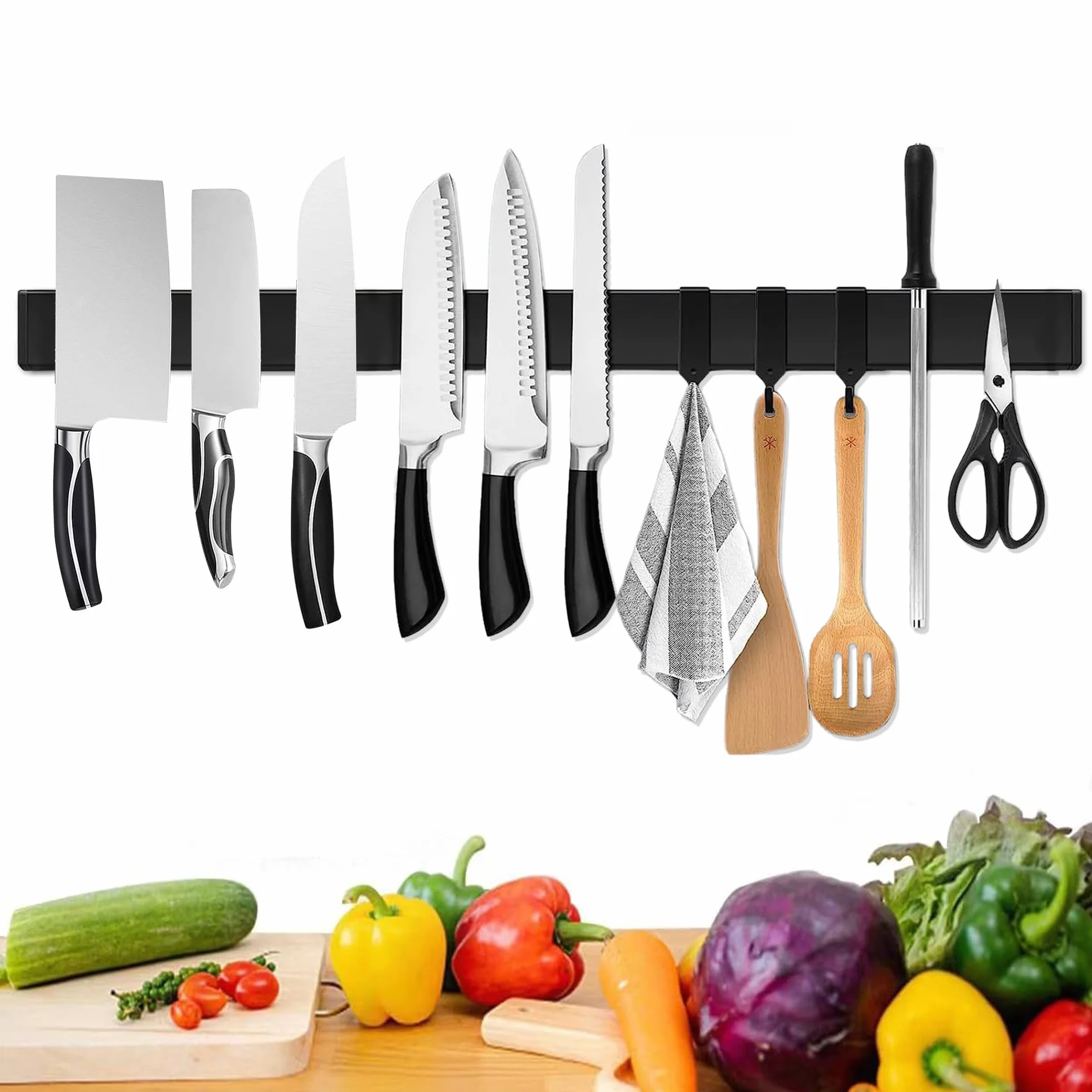 Barra magnética para cuchillos 60 cm, soporte magnético para cuchillos de 60 cm, con 3 ganchos, acero inoxidable, autoadhesiva, soporte de pared negro, sin taladrar