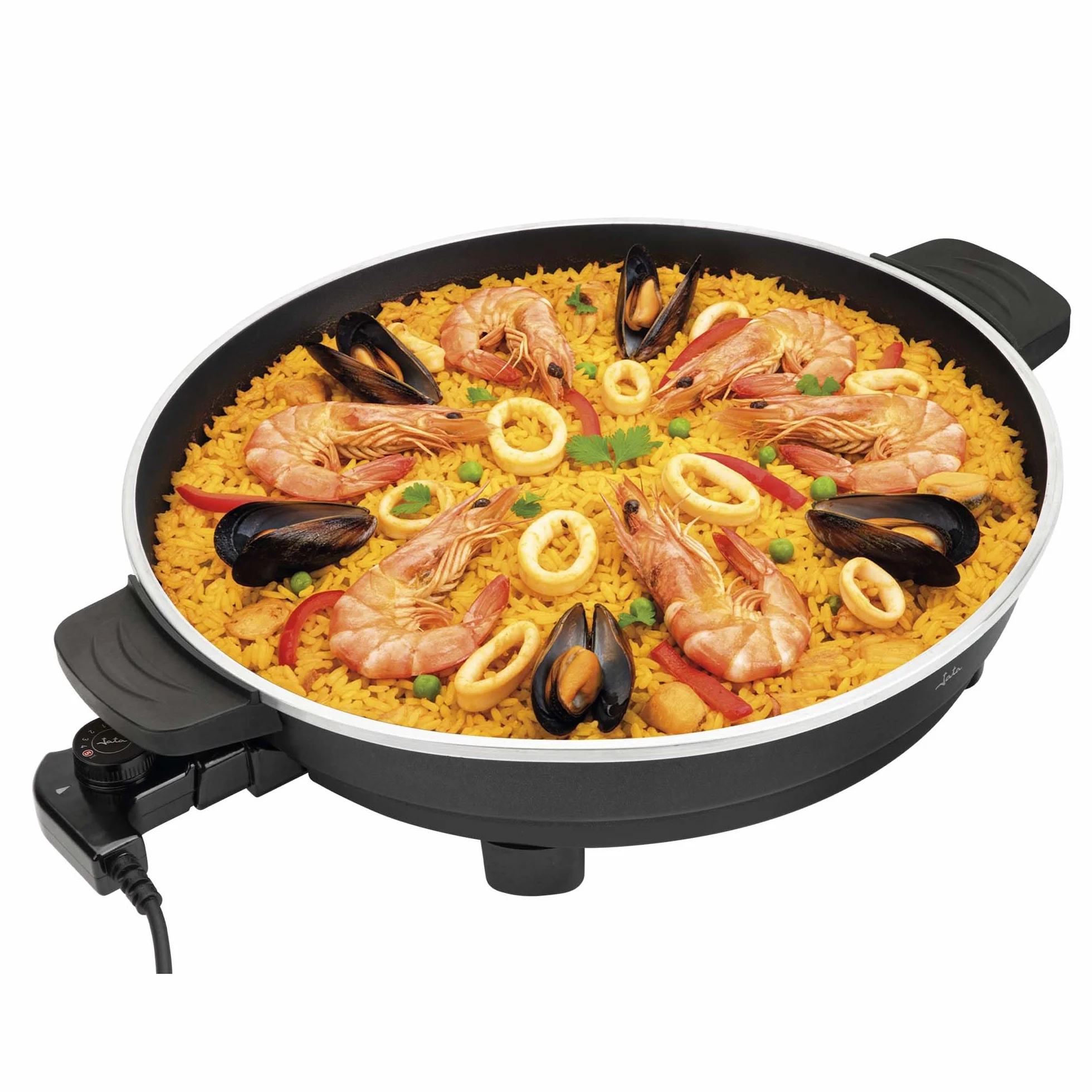 JATA JEPE1601 - Paellera Eléctrica 43 cm con Tapa de Cristal, Sartén Eléctrica Antiadherente 2000W, Termostato Regulable, Tapa de Cristal con Válvula de Vapor, Ideal para Paellas, Arroces, Fideuá, ...