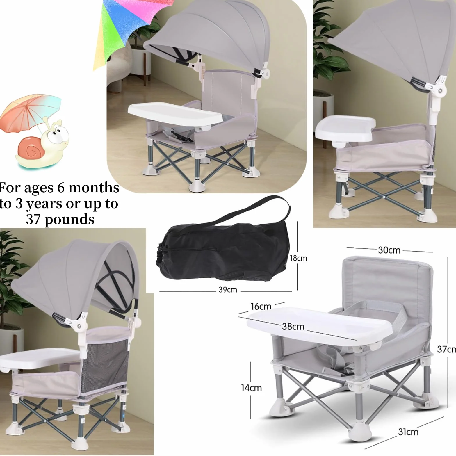 Little Bean Asiento elevador plegable para bebé, silla de comedor portátil con bandeja extraíble