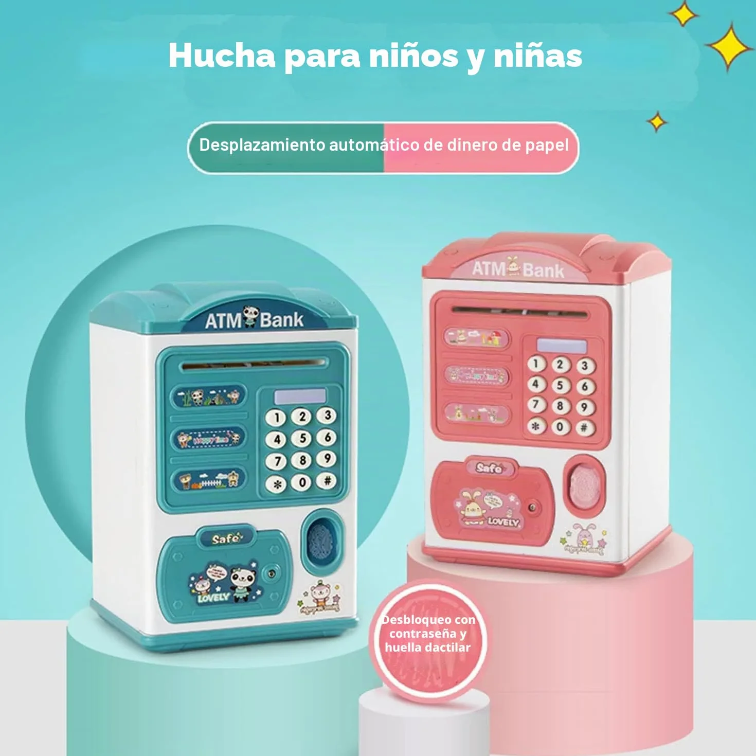 Alcancía Electrónica Infantil con Huellas Dactilares y Bloqueo de Contraseña, Mini Caja Fuerte para Niños, Juguete de Regalo (Rosa)