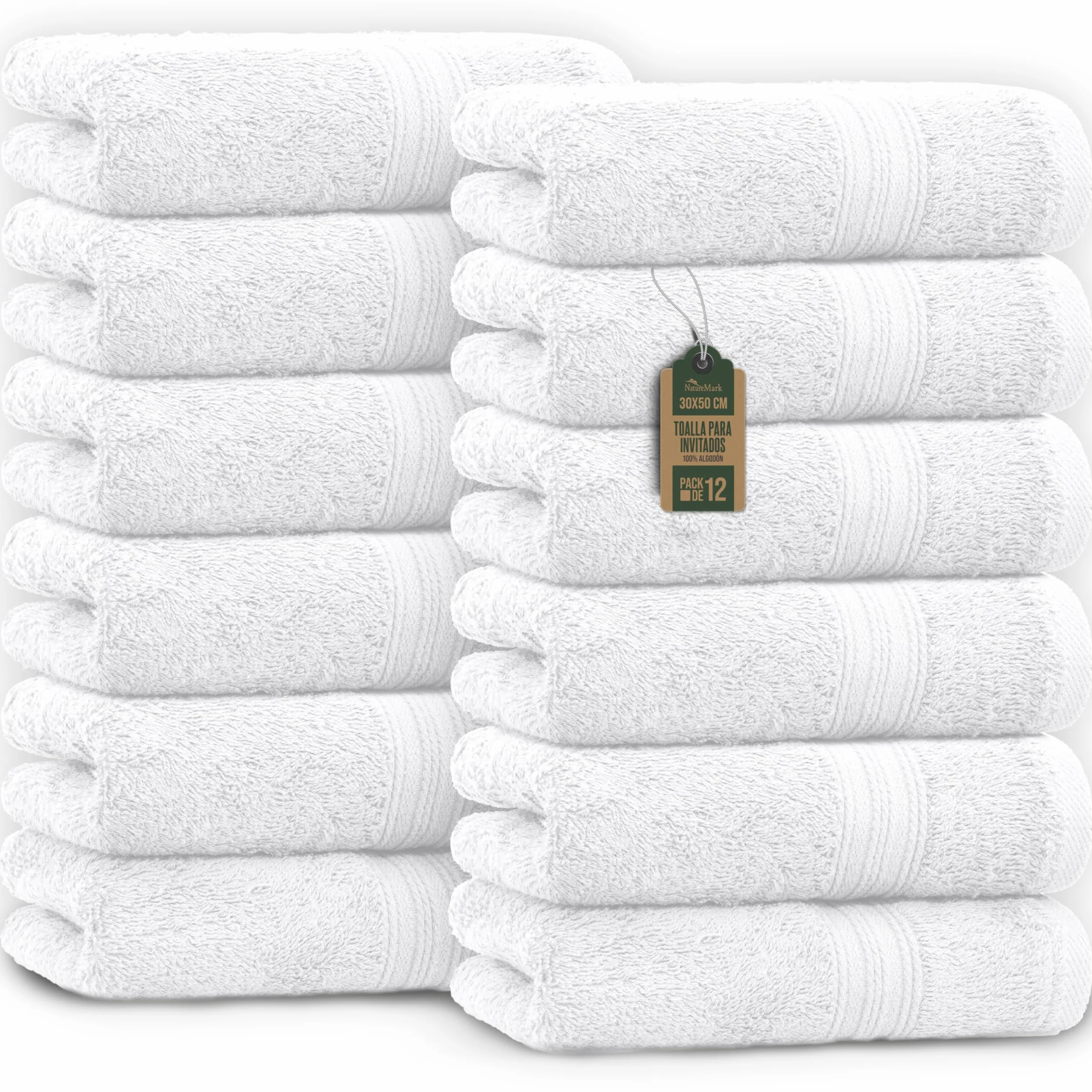 NatureMark Toallas de Invitado – Pack de 12 (30x50 cm), 100% Algodón, Certificación Oeko-Tex, Suaves, absorbentes y fáciles de cuidar – para baño, Invitados y SPA – Color Blanco