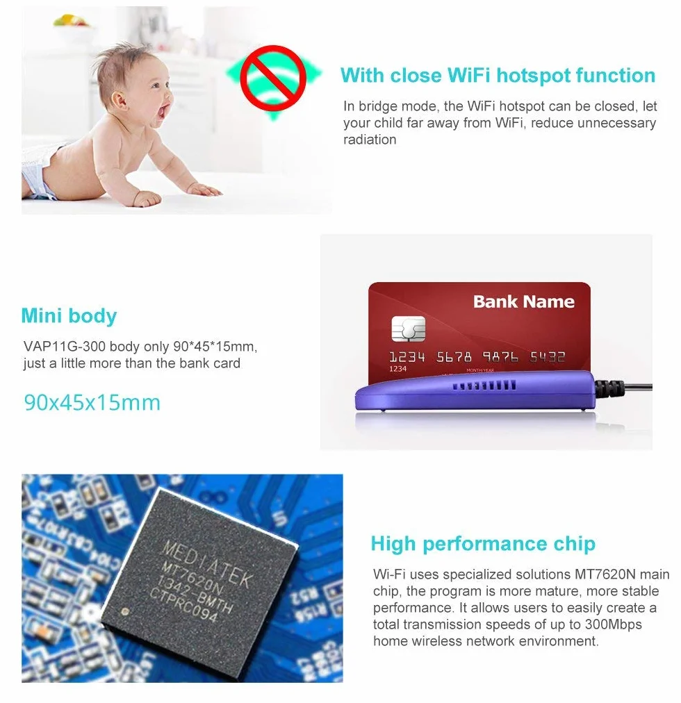 Vonets VAP11G-300 2.4GHz Mini Smart WiFi Bridge/Repetidor WiFi/Wireless Ap/Adaptador WiFi a Cable con 1 RJ45, Buen Compañero para Cámaras IP, Impresoras, Balanzas Electrónicas
